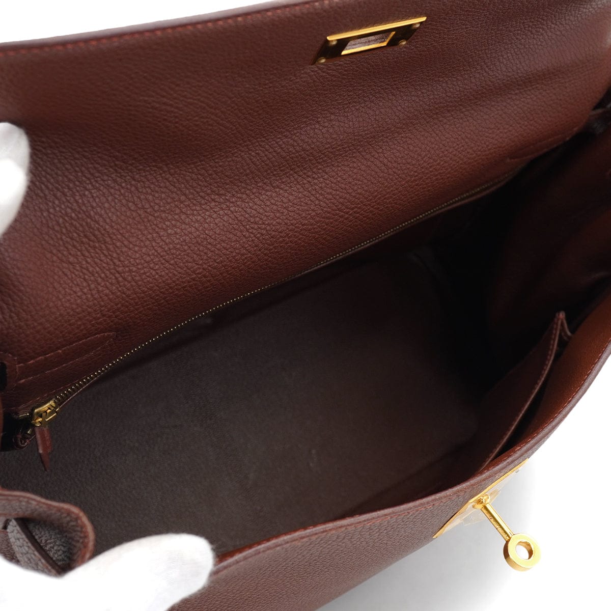 Luxury Promise Japan HERMES KELLY 32 RETOURNE MARRON FONCE TOGO HAND SHOULDER BAG 2000 SQUARE D GOLD HARDWARE 90331851