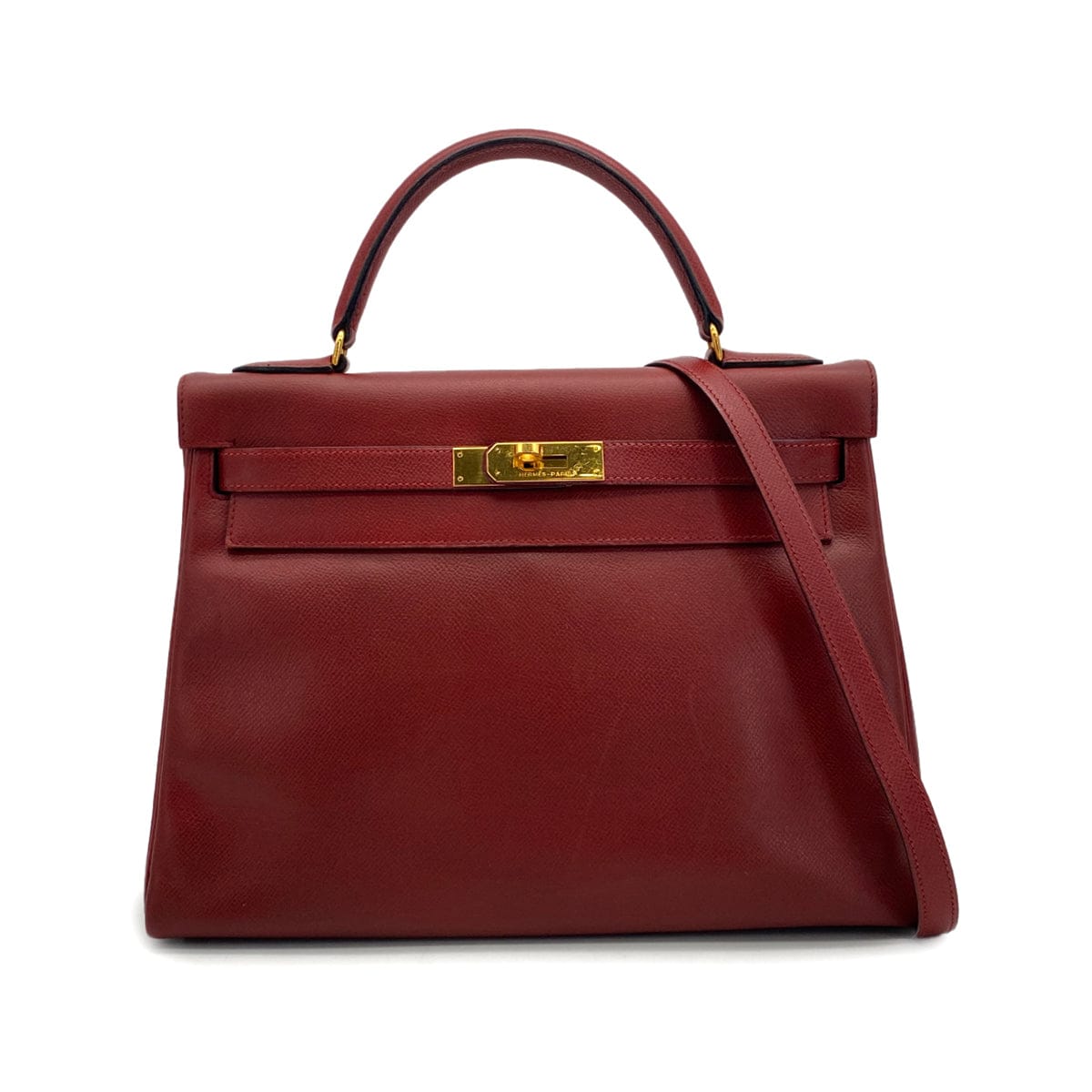 Luxury Promise Japan HERMES KELLY 32 RETOURNE ROUGE H COUCHEVEL HAND SHOULDER BAG 1989 CIRCLE S GOLD HARDWARE 90317908