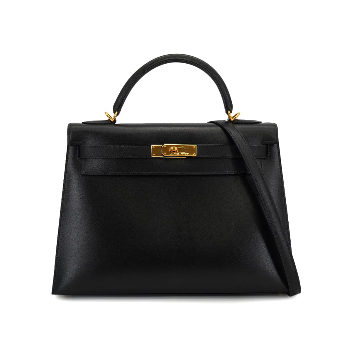 Luxury Promise Japan HERMES KELLY 32 SELLIER BLACK BOX CALF HAND SHOULDER BAG 2002 SQUARE F GOLD HARDWARE 90331660