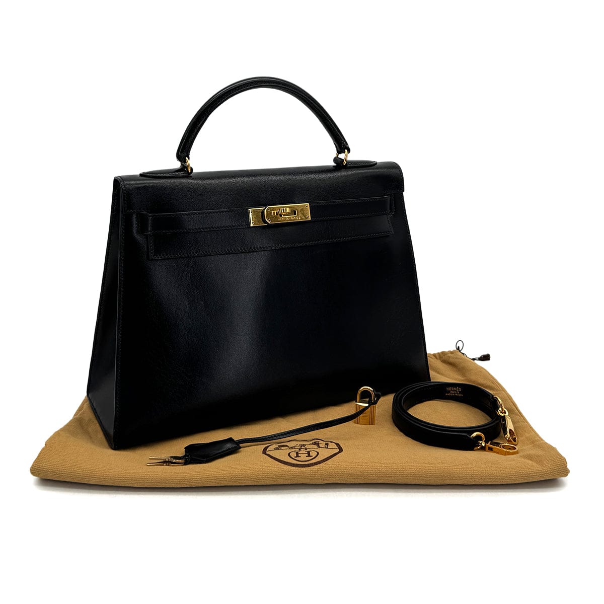 Luxury Promise Japan HERMES KELLY 32 SELLIER BLACK BOXCALF HAND SHOULDER BAG 1991 CIRCLE U GOLD HARDWARE 90318731