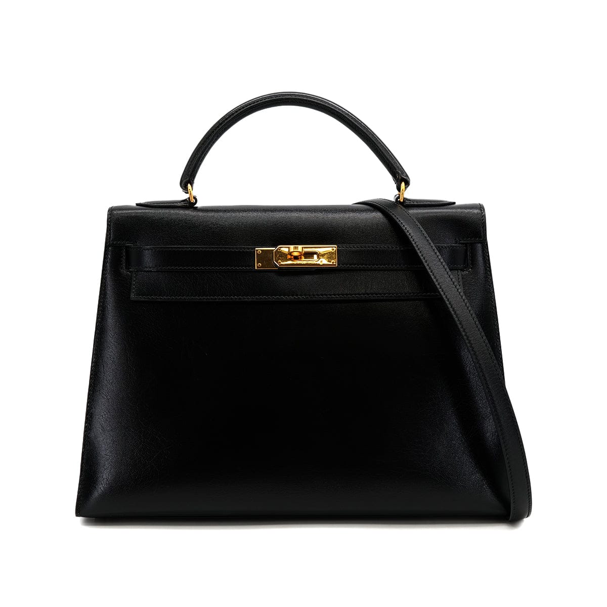 Luxury Promise Japan HERMES KELLY 32 SELLIER BLACK BOXCALF HAND SHOULDER BAG 1991 CIRCLE U GOLD HARDWARE 90318731