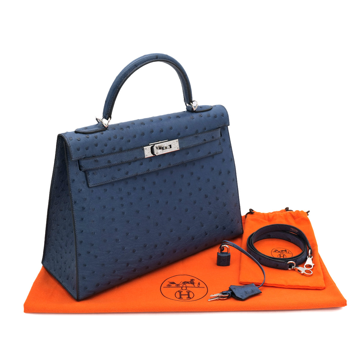 Luxury Promise Japan HERMES KELLY 32 SELLIER BLUE ROY OSTRICH HAND SHOULDER BAG □E SHW 90301096