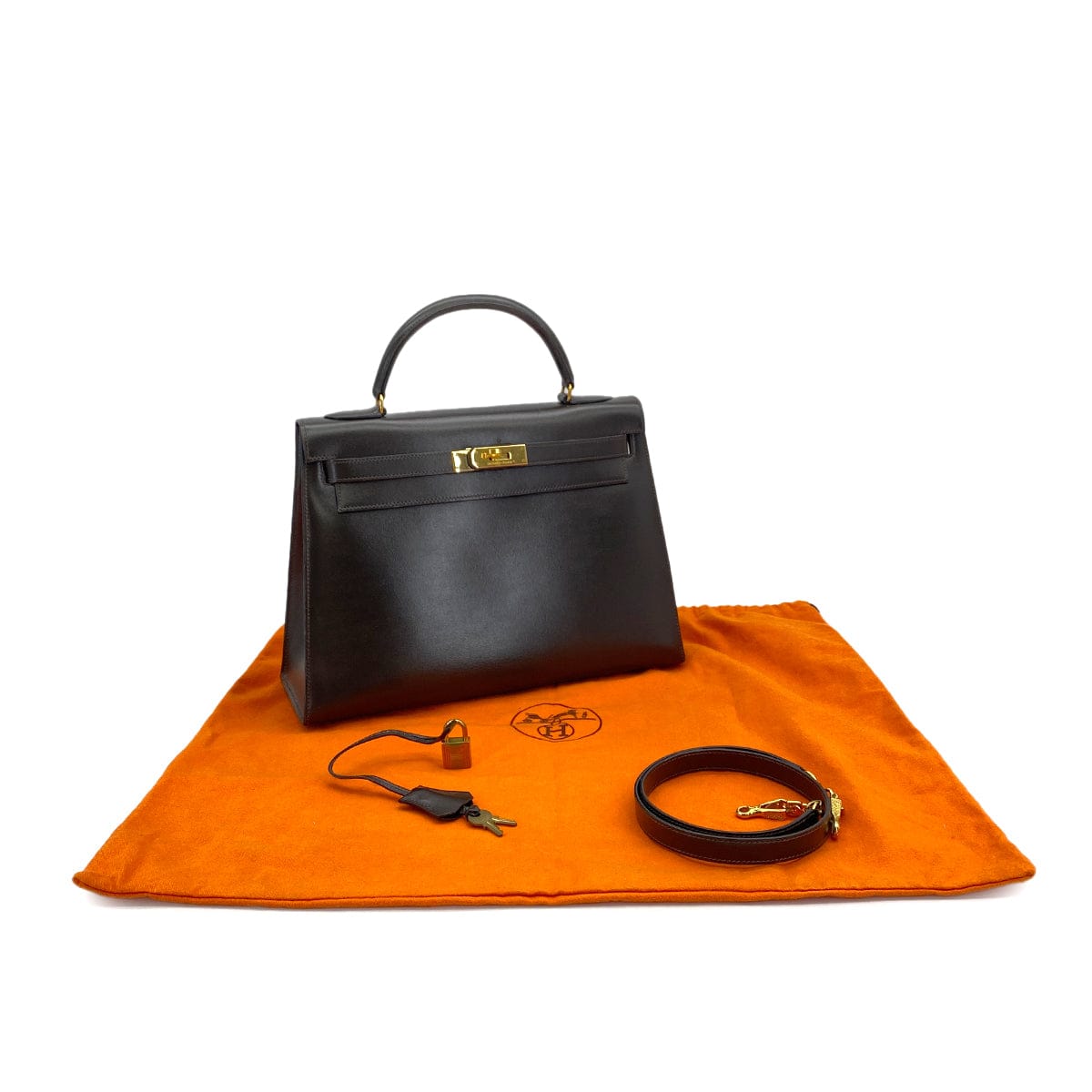 Luxury Promise Japan HERMES KELLY 32 SELLIER CHOCOLAT BOXCALF HAND SHOULDER BAG 1990 CIRCLE T GOLD HARDWARE 90324145