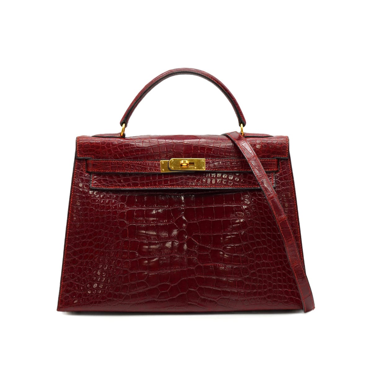Luxury Promise Japan HERMES KELLY 32 SELLIER ROUGE H CROCODILE ALLIGATOR HAND SHOULDER BAG 1993 CIRCLE W GOLD HARDWARE 90327983