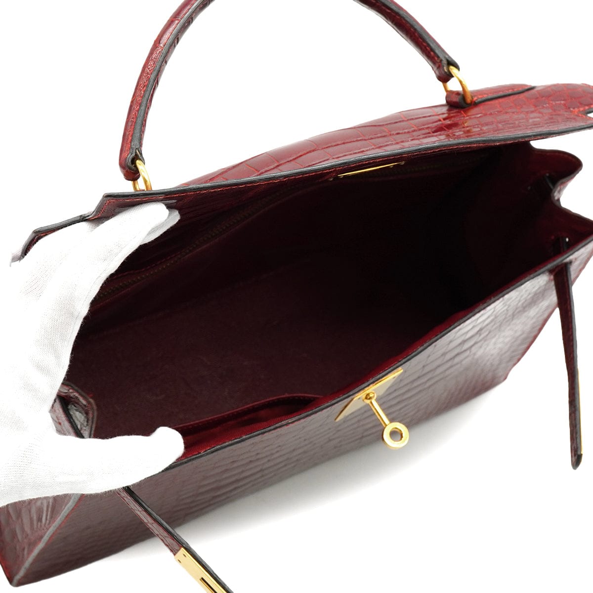 Luxury Promise Japan HERMES KELLY 32 SELLIER ROUGE H CROCODILE ALLIGATOR HAND SHOULDER BAG 1993 CIRCLE W GOLD HARDWARE 90327983