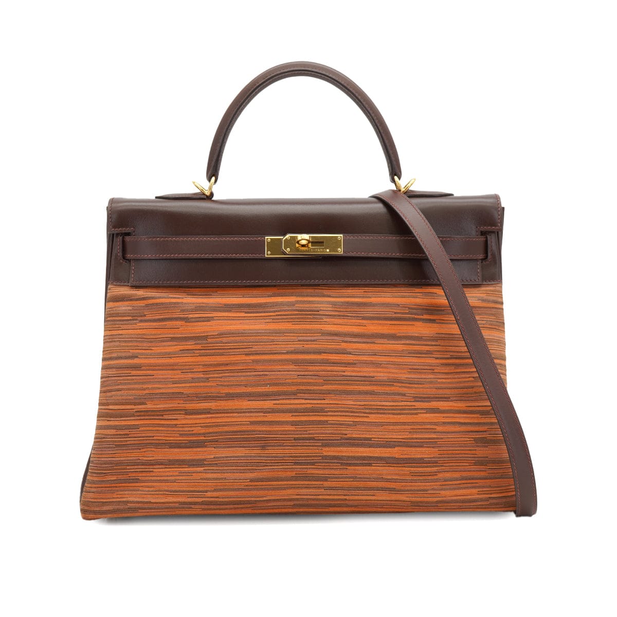 Luxury Promise Japan HERMES KELLY 35 MARRON FONCE BOX CALF VIBRATO HAND SHOULDER BAG 2001 SQUARE E GOLD HARDWARE 90335572