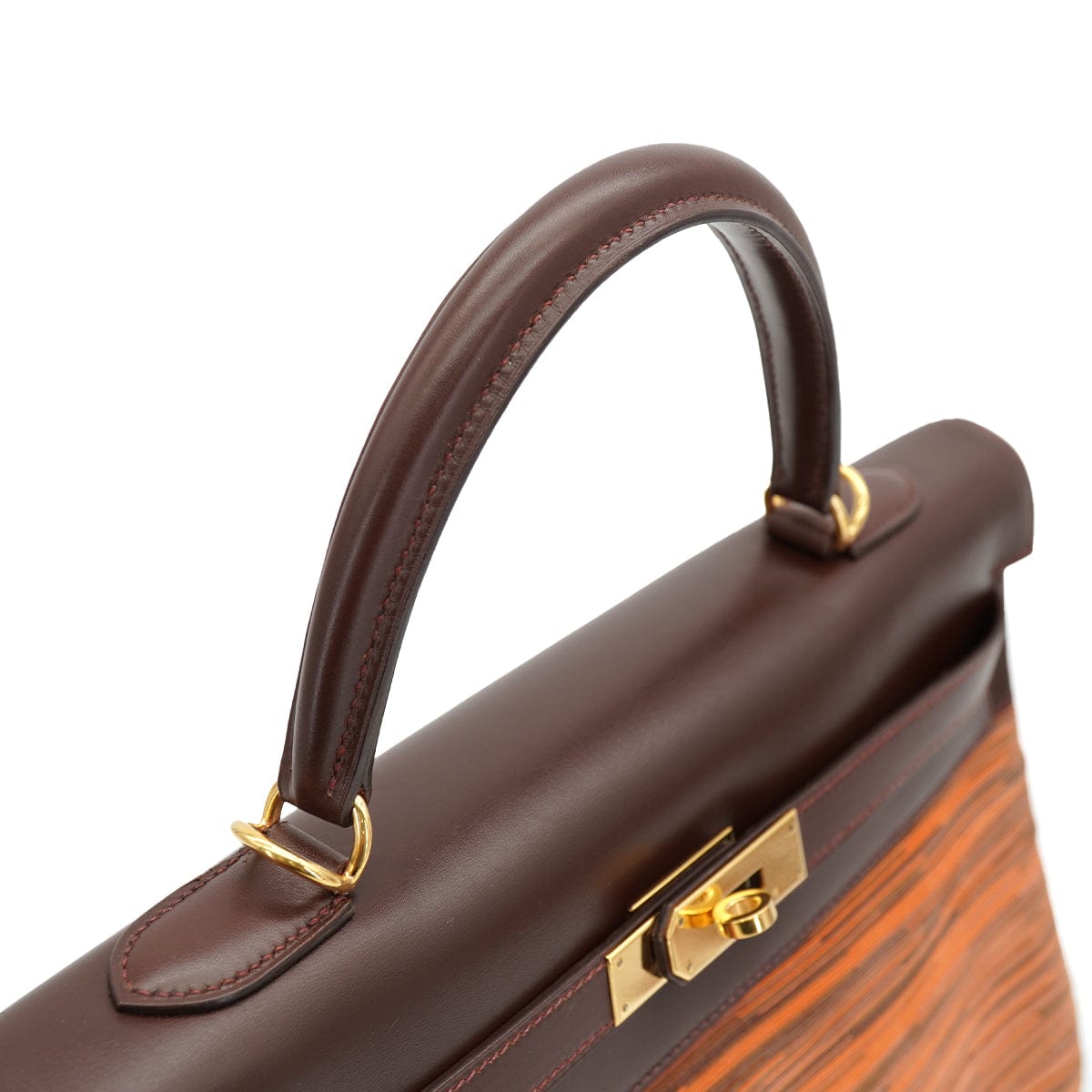 Luxury Promise Japan HERMES KELLY 35 MARRON FONCE BOX CALF VIBRATO HAND SHOULDER BAG 2001 SQUARE E GOLD HARDWARE 90335572