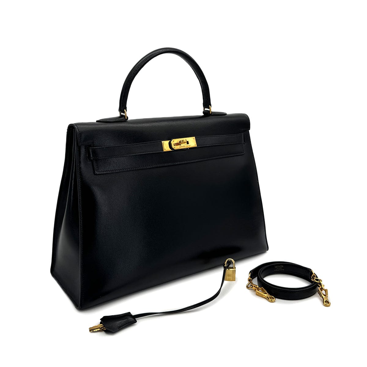 Luxury Promise Japan HERMES KELLY 35 SELLIER BLACK BOXCALF HAND SHOULDER BAG 1988 CIRCLE R GOLD HARDWARE 90317896