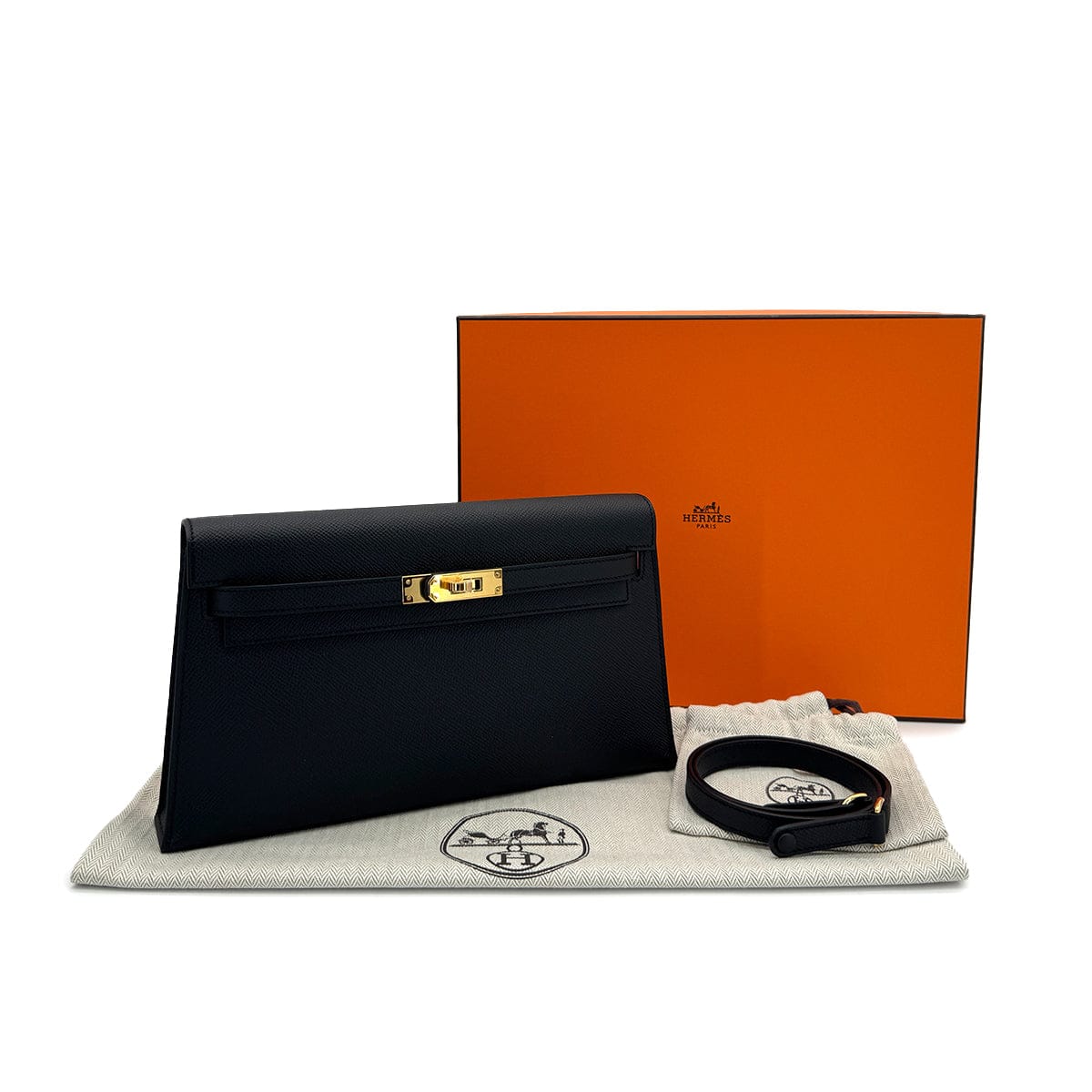 Luxury Promise Japan HERMES KELLY ELAN BLACK VEAU EPSOM CLUTCH SHOULDER BAG K GHW 90305230