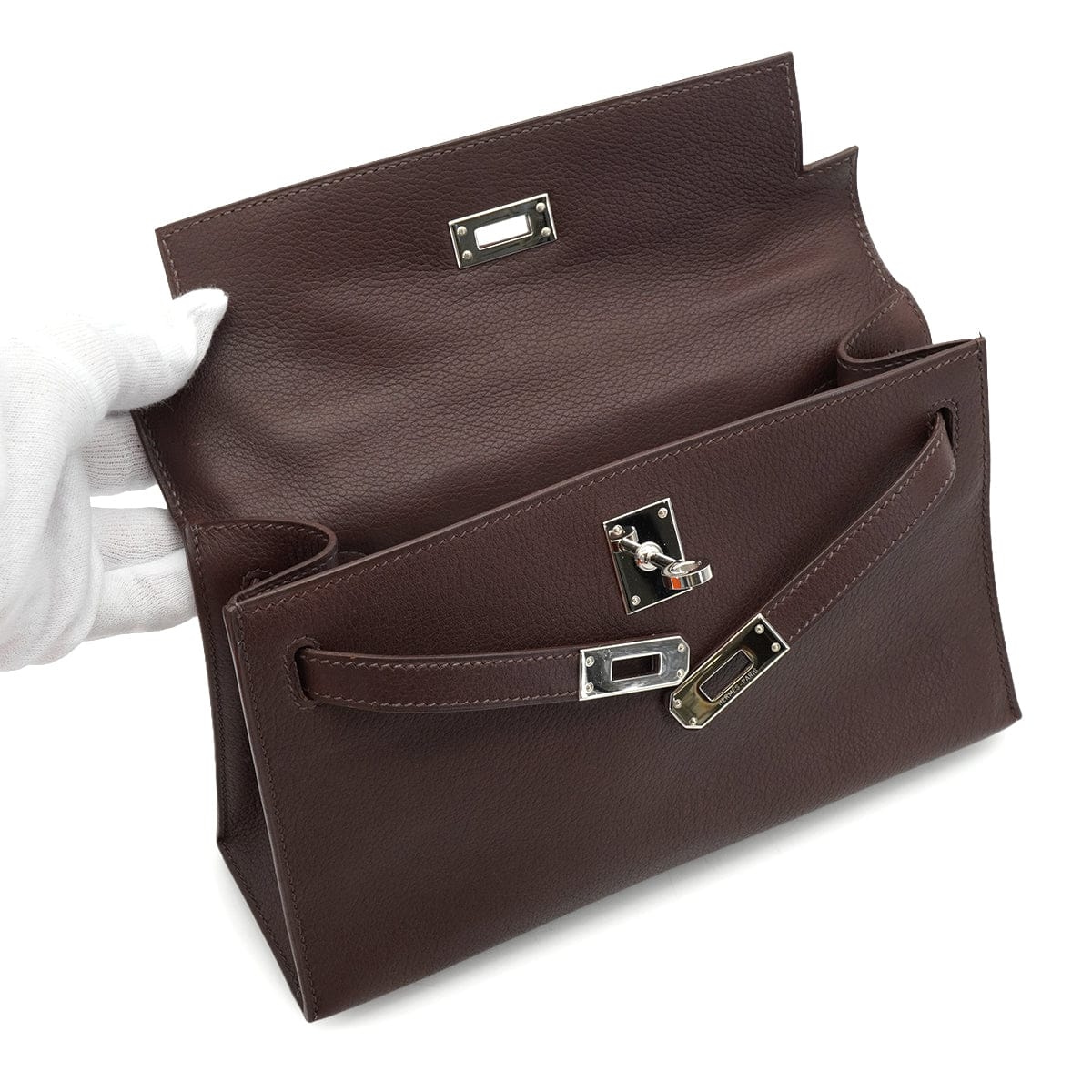 Luxury Promise Japan HERMES KELLY POCHETTE SELLIER HAVANE EVERGRAIN HAND BAG 2006 SQUARE J PALLADIUM HARDWARE 90339639