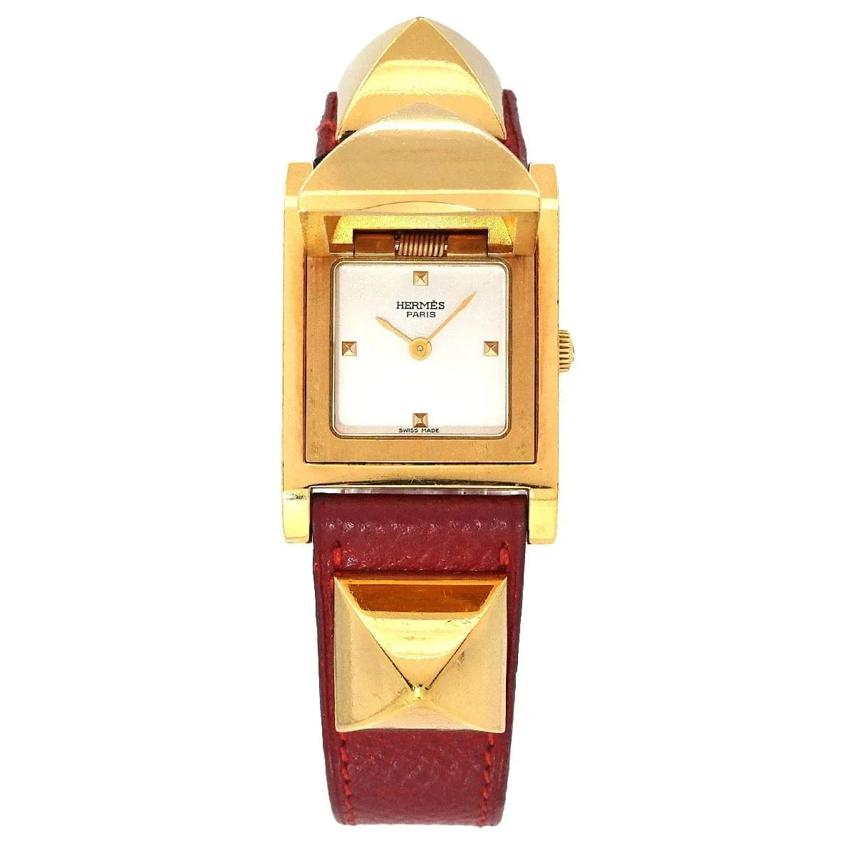 Luxury Promise Japan HERMES Medor Vintage pyramid Gold studs Quartz White Dial Ladies 90283879