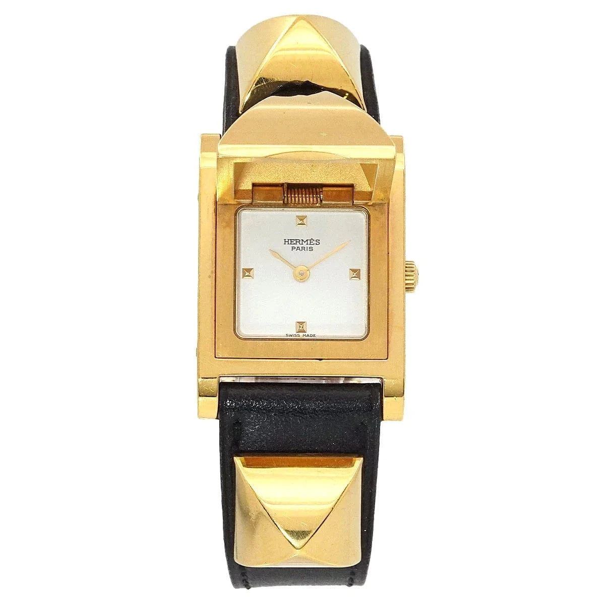 Luxury Promise Japan HERMES Medor Vintage pyramid Gold studs Quartz White Dial Ladies 90289677