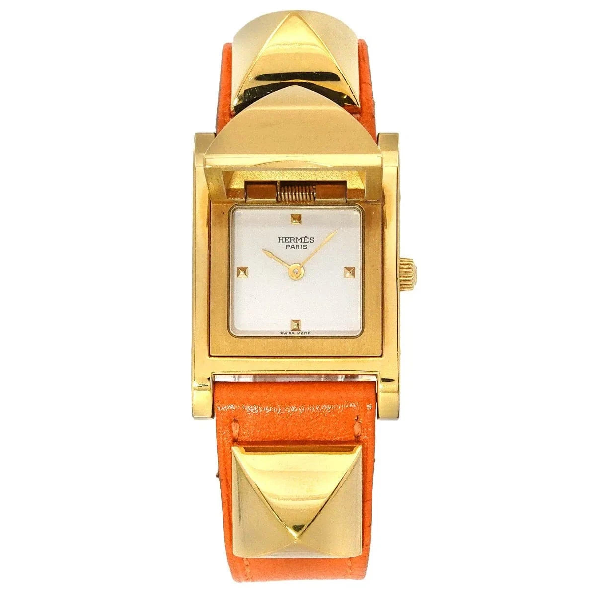 Luxury Promise Japan HERMES Medor Vintage pyramid Gold studs Quartz White Dial Ladies 90289687
