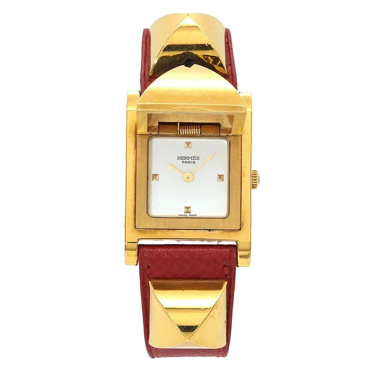 HERMES Medor Vintage pyramid Gold studs Quartz White Dial Ladies 90343191
