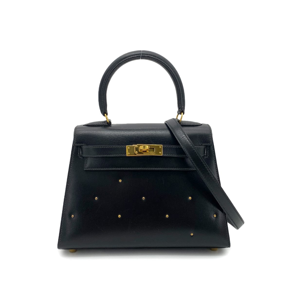 Luxury Promise Japan HERMES MINI KELLY 20 BLACK BOXCALF STUDS HAND SHOULDER BAG 〇X GHW 90259869