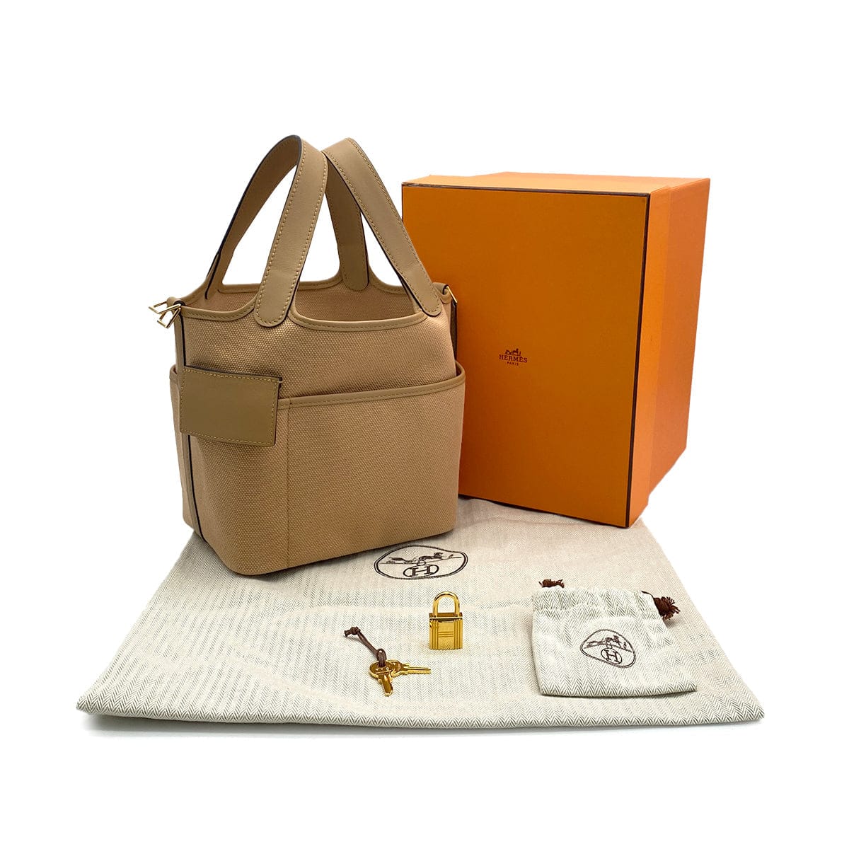 Luxury Promise Japan HERMES PICOTIN LOCK 18 PM CARGO POCKET CHAI TOILE H VEAU SWIFT 2022 U GOLD HARDWARE 90312621