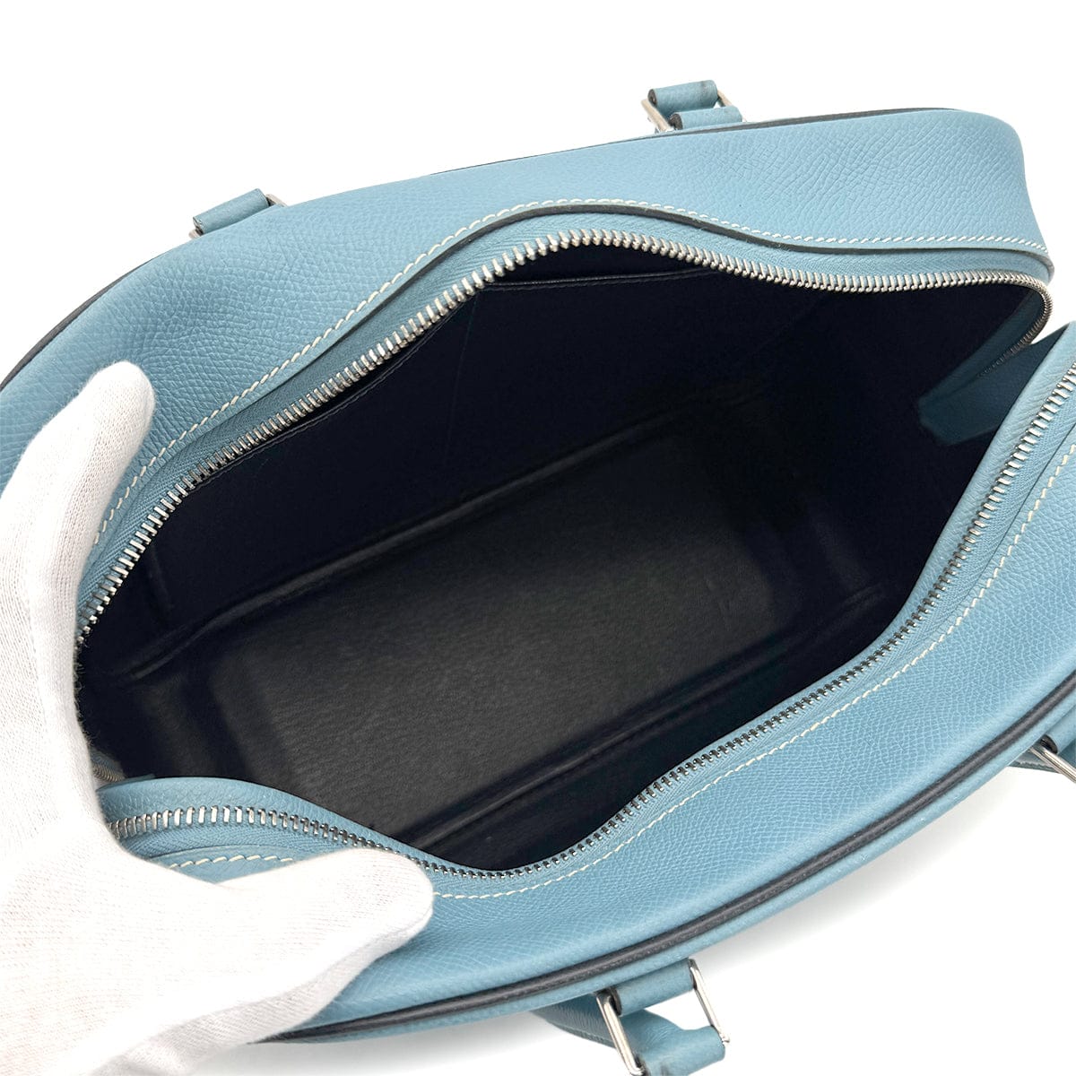 Luxury Promise Japan HERMES PLUME 28 BLUE JEAN VEAU EPSOM HAND BAG 2006 SQUARE J PALLADIUM HARDWARE 90322288