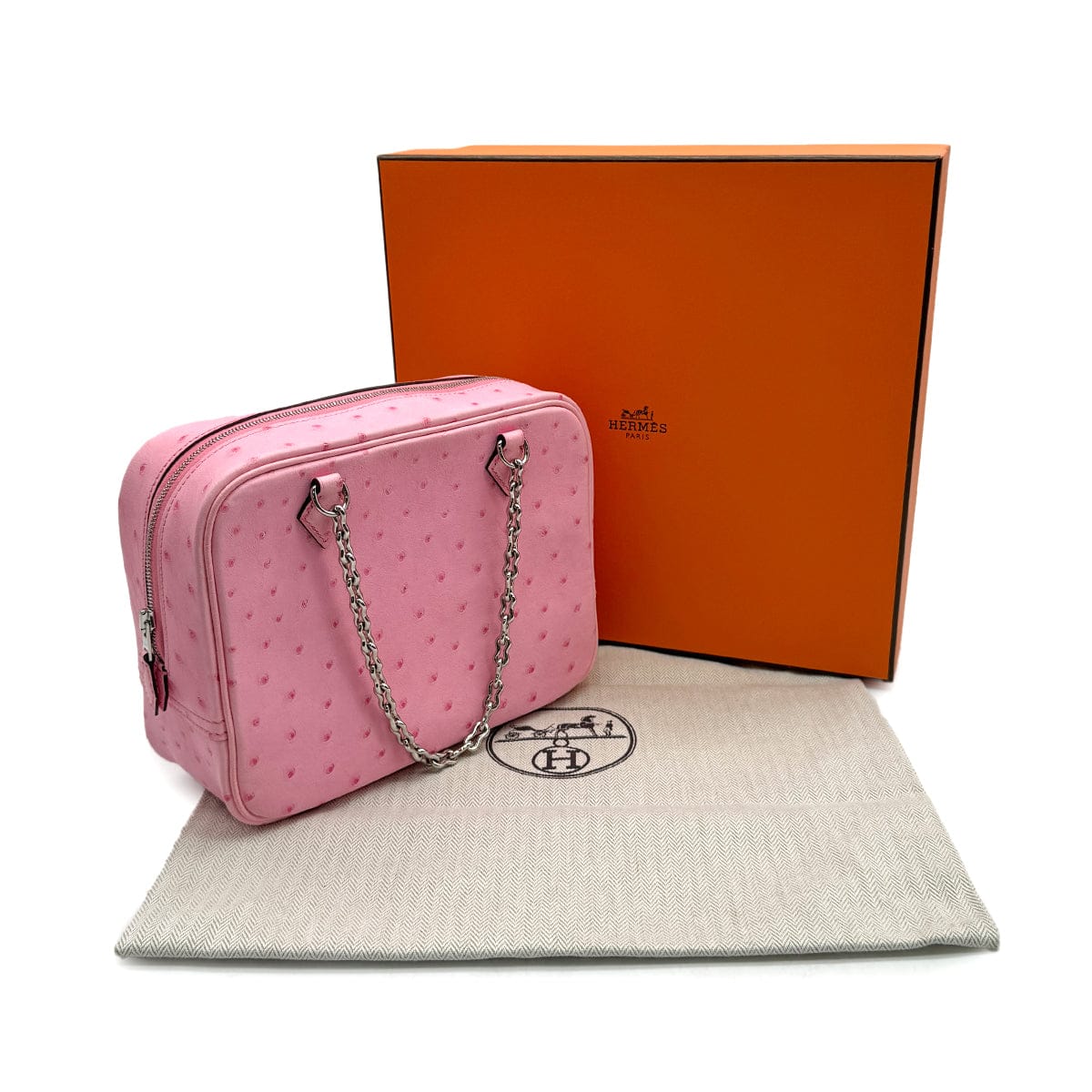 Luxury Promise Japan HERMES PLUME MINI ROSE BUBBLEGUM OSTRICH CHAIN HAND BAG 2025 K STAMP PALLADIUM HARDWARE 90316993