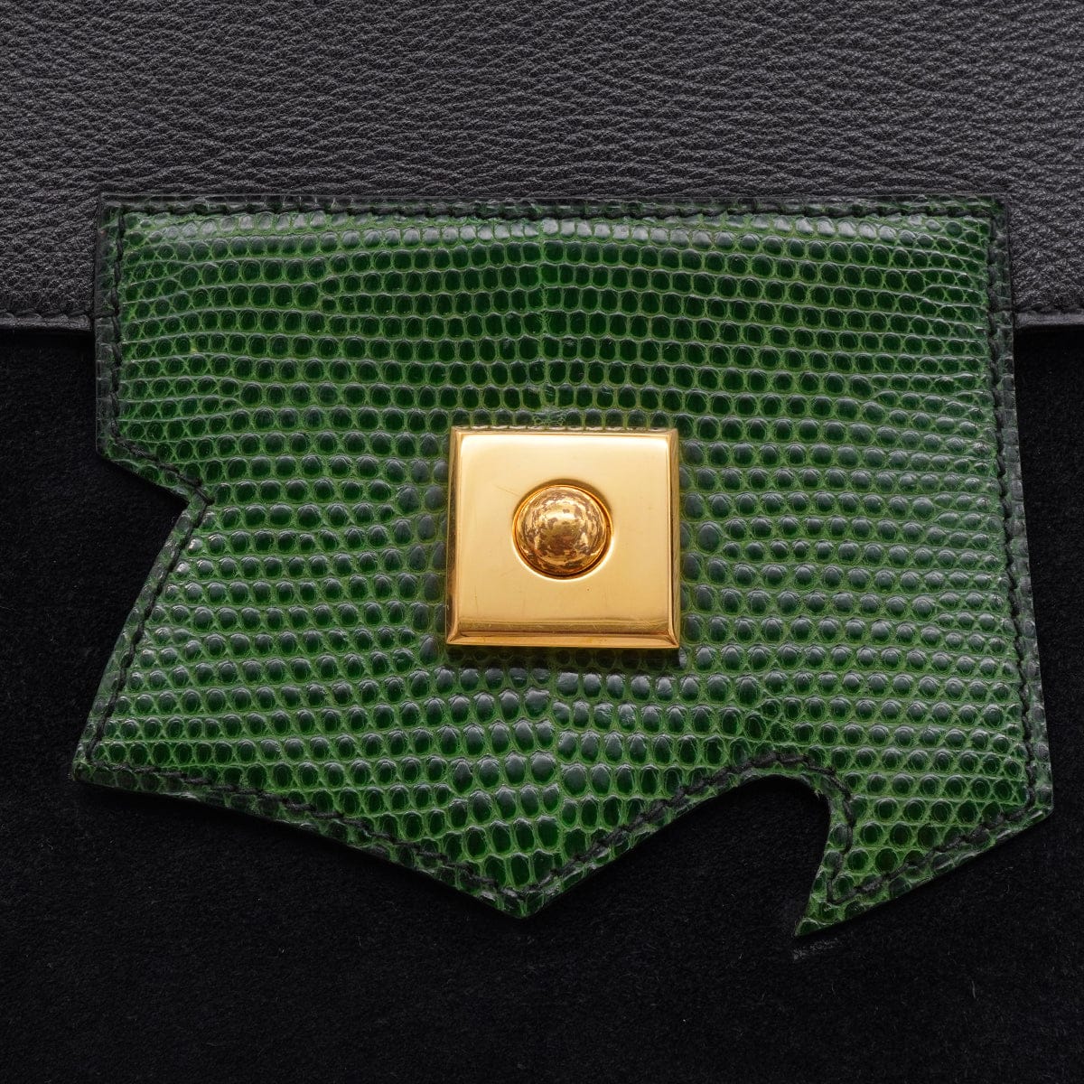 Luxury Promise Japan HERMES PRESIDENT BLACK GREEN DOBLIS LIZARD VEAU BARENIA HAND BAG 1988 CIRCLE R GOLD HARDWARE 90345058