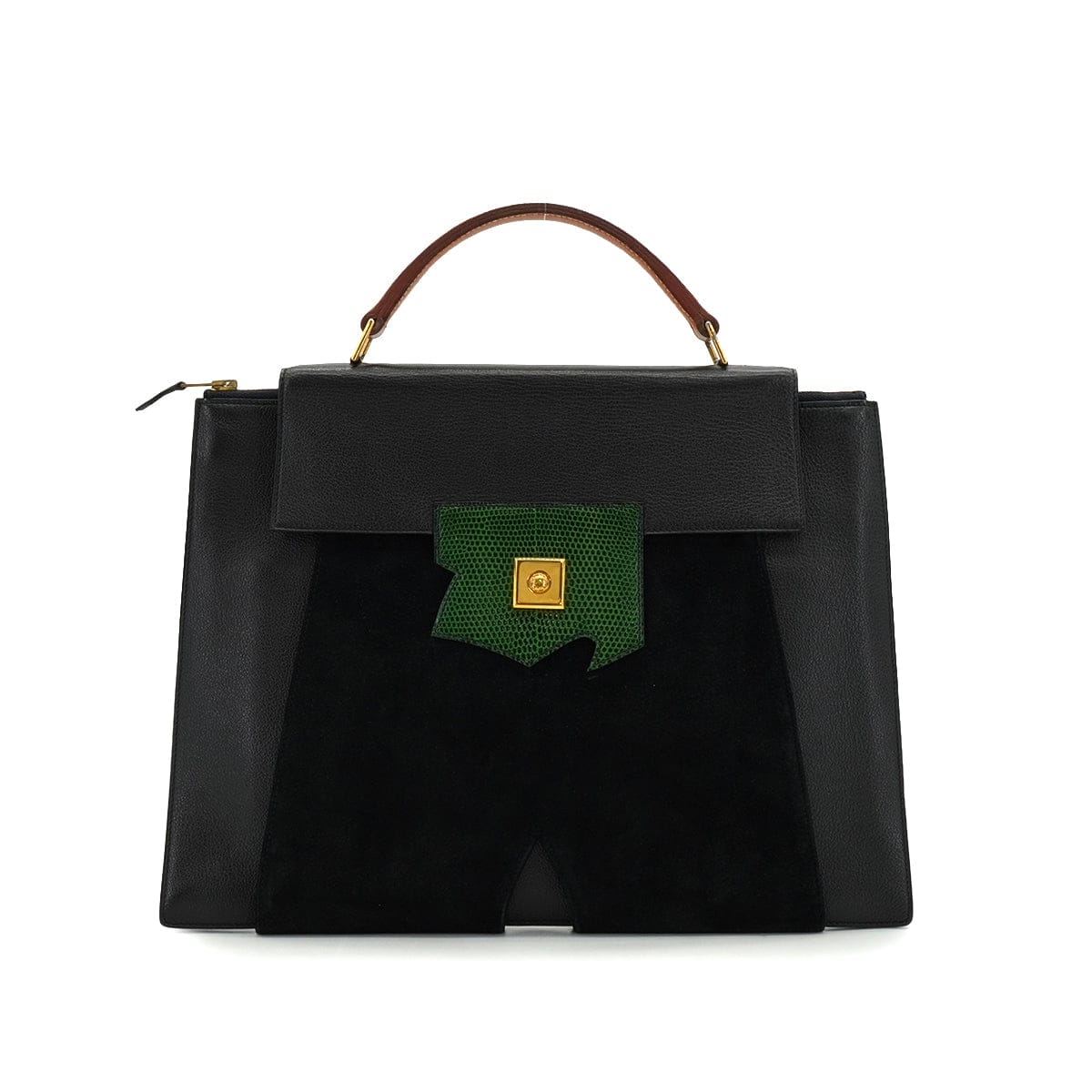 Luxury Promise Japan HERMES PRESIDENT BLACK GREEN DOBLIS LIZARD VEAU BARENIA HAND BAG 1988 CIRCLE R GOLD HARDWARE 90345058