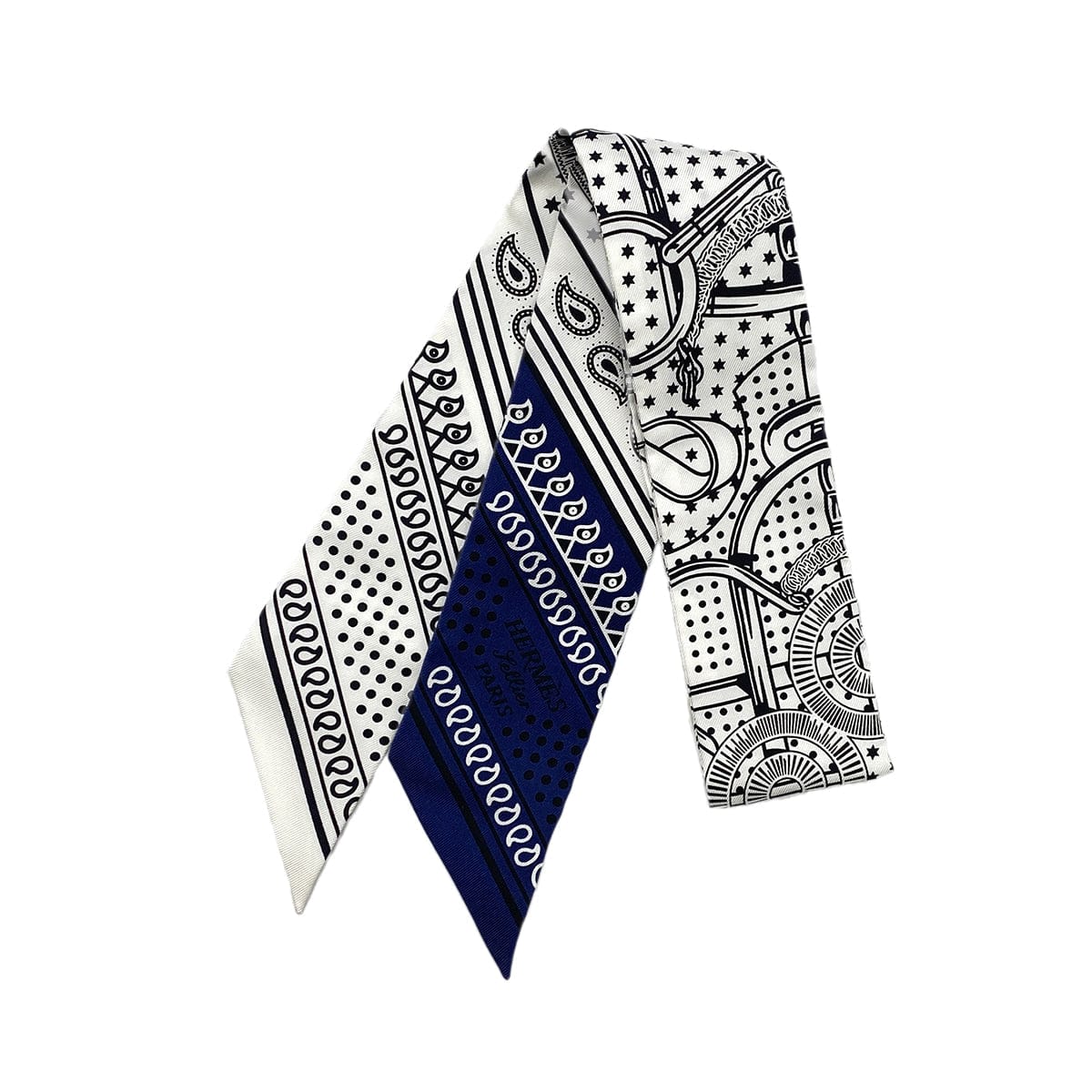 Luxury Promise Japan HERMES TWILLY EPERON D'OR SCARF WHITE NAVY BLACK SILK 90296735