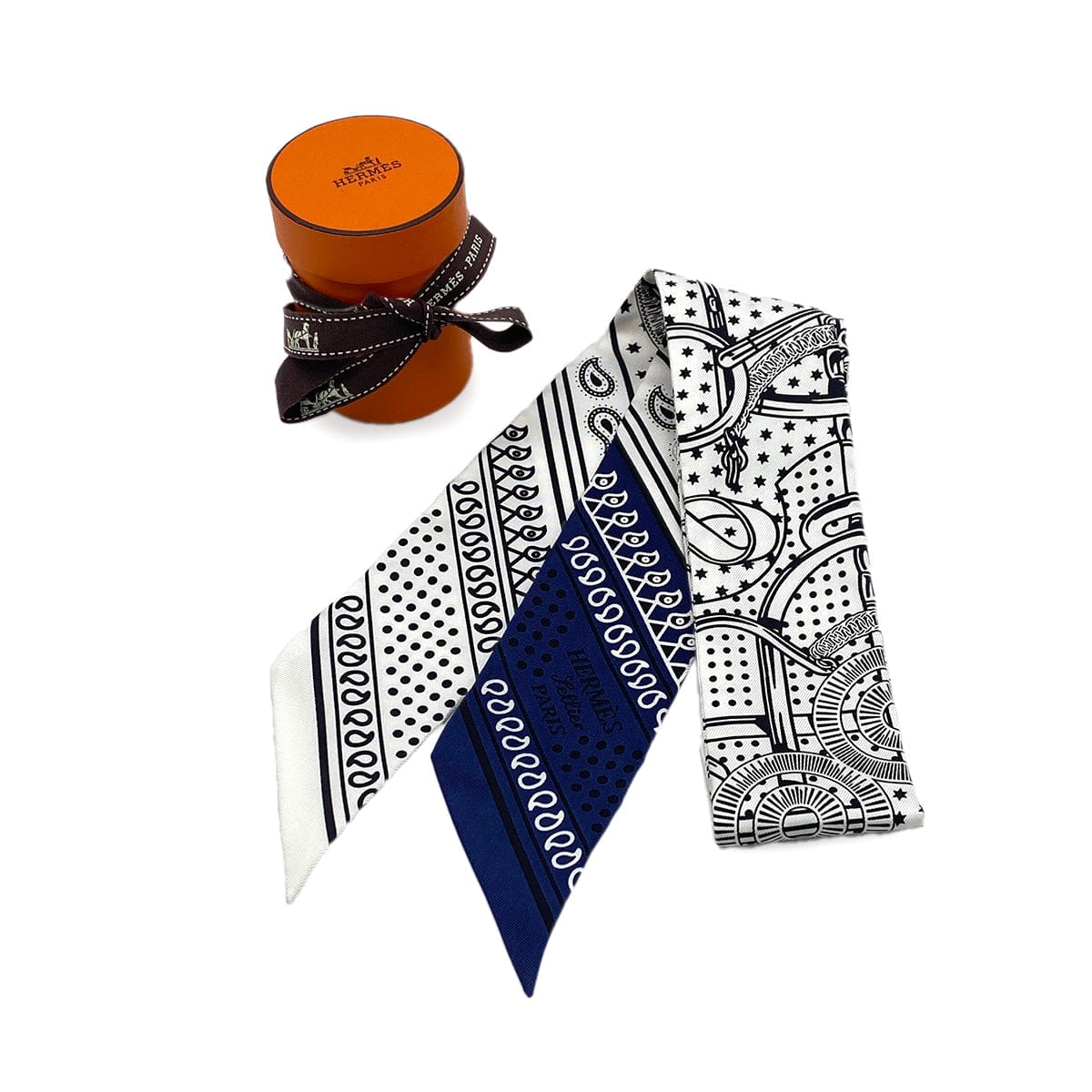 Luxury Promise Japan HERMES TWILLY EPERON D'OR SCARF WHITE NAVY BLACK SILK 90296735