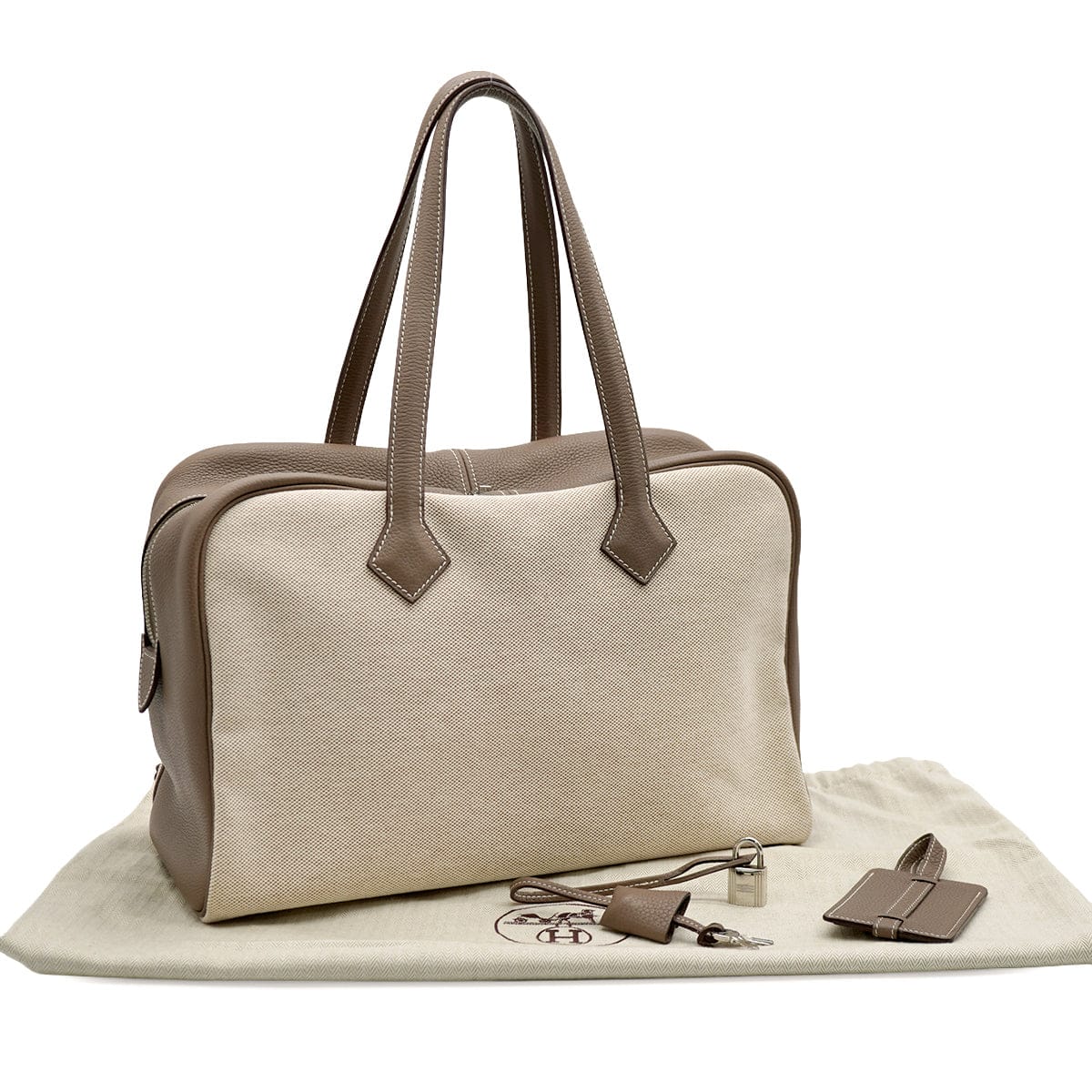 Luxury Promise Japan HERMES VICTORIA 35 ETOUPE TOILE H TAURILLON CLEMENCE HAND BAG 2007 SQUARE K PALLADIUM HARDWARE 90335153
