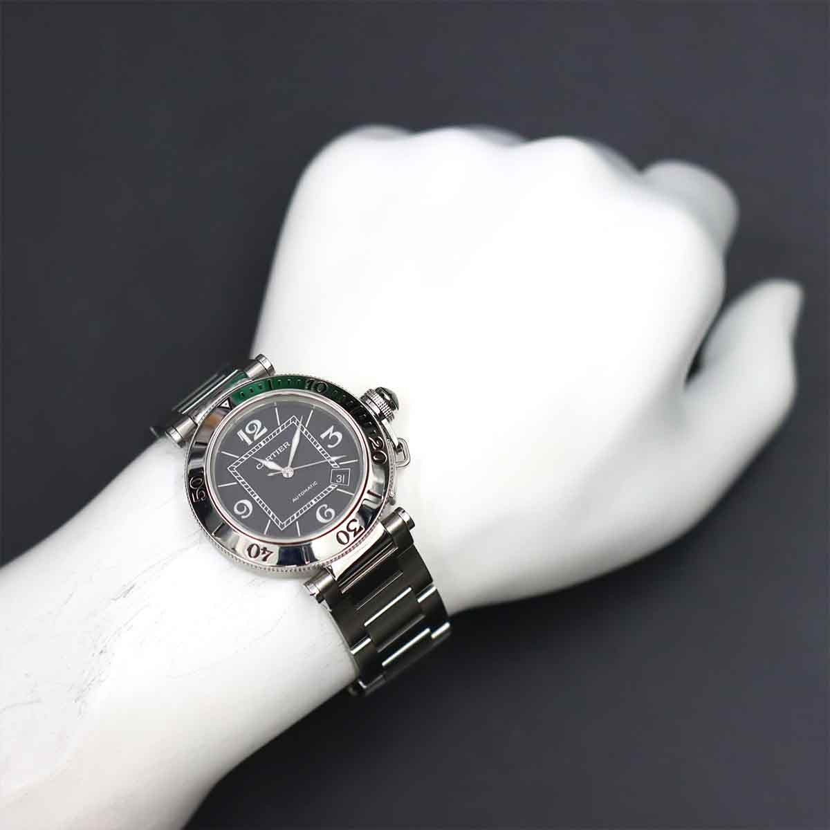 Luxury Promise Japan Cartier Pasha Seatimer W31077M7 Automatic Date Black Dial Mens Watch 90284604