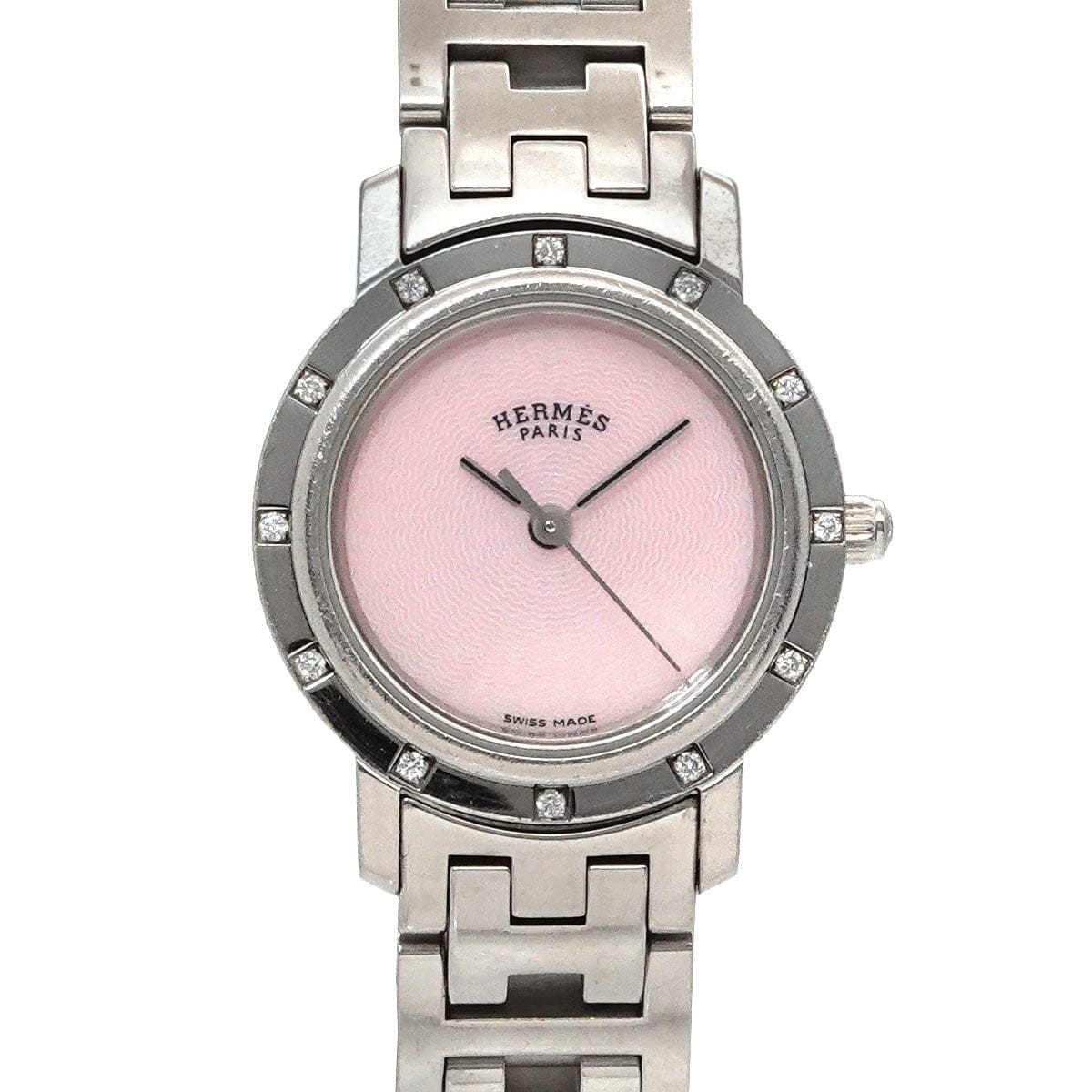 Luxury Promise Japan HERMES Clipper Nacre CL4.230 12P Diamond Bezel Pink Shell Dial Quartz 90300264