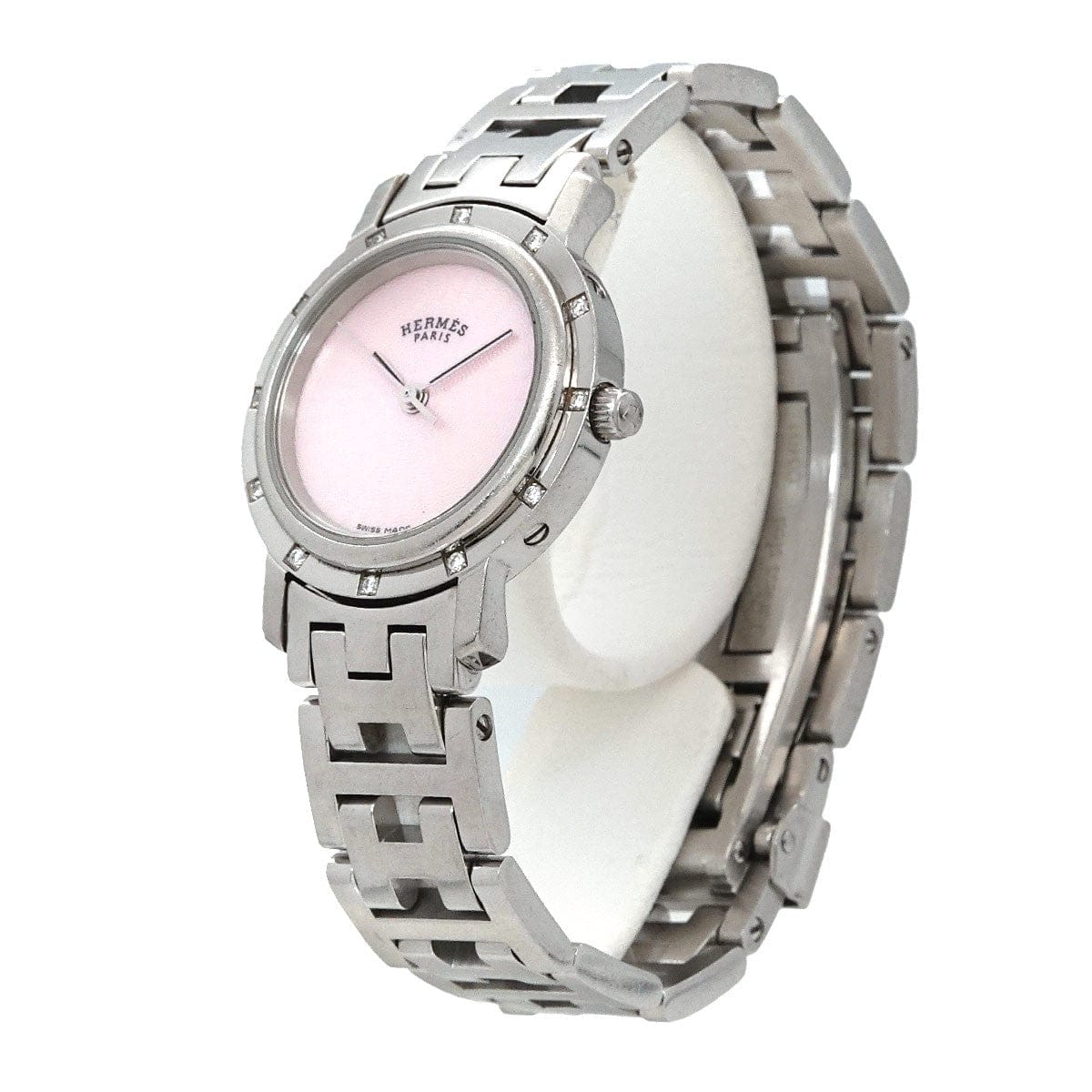 Luxury Promise Japan HERMES Clipper Nacre CL4.230 12P Diamond Bezel Pink Shell Dial Quartz 90300264