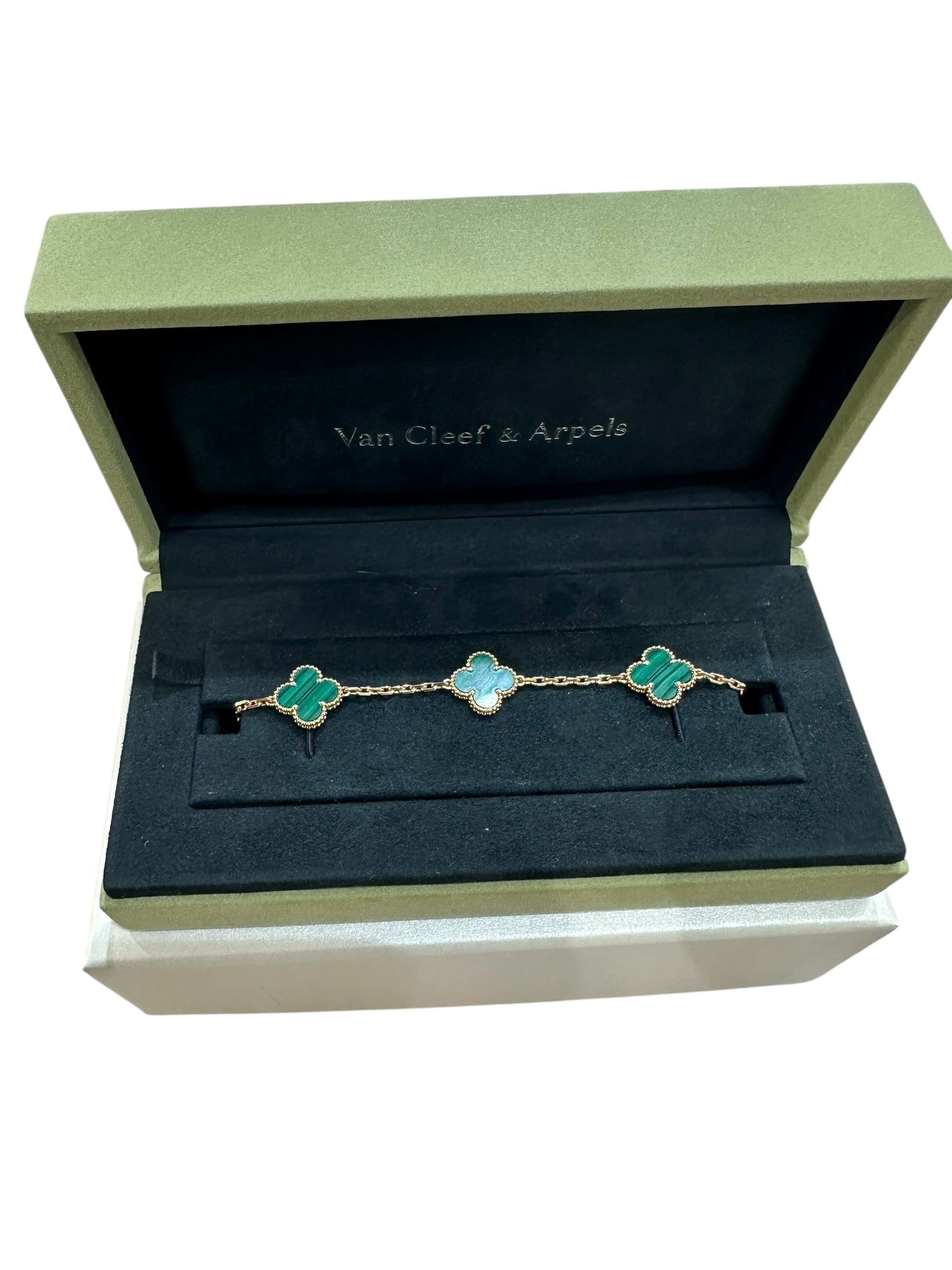 Luxury Promise Japan VCA Vintage Alhambra Bracelet, 5 Motifs 18K Yellow Gold, Malachite