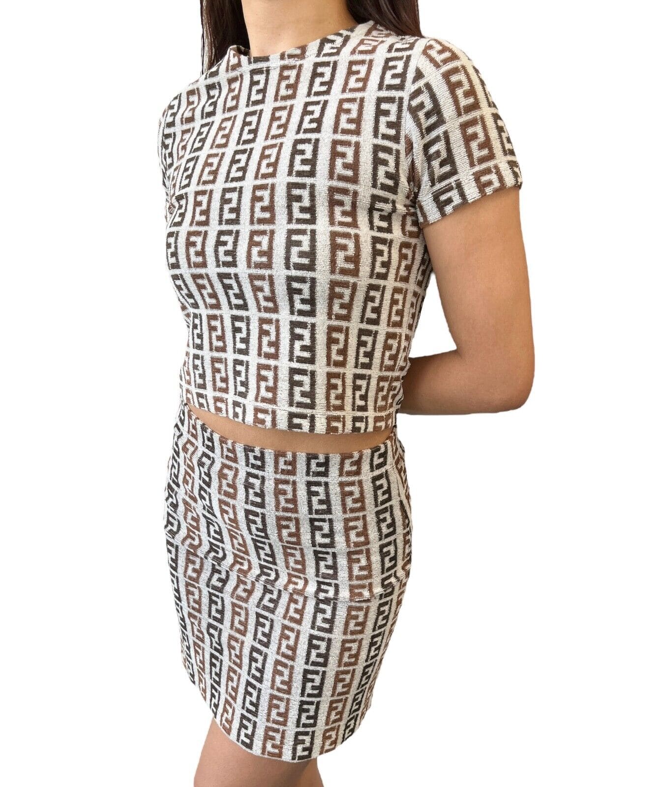 Luxury Promise Japan FENDI Vintage Zucca Monogram Cropped Top Mini Skirt Set #40 Brown Rank AB