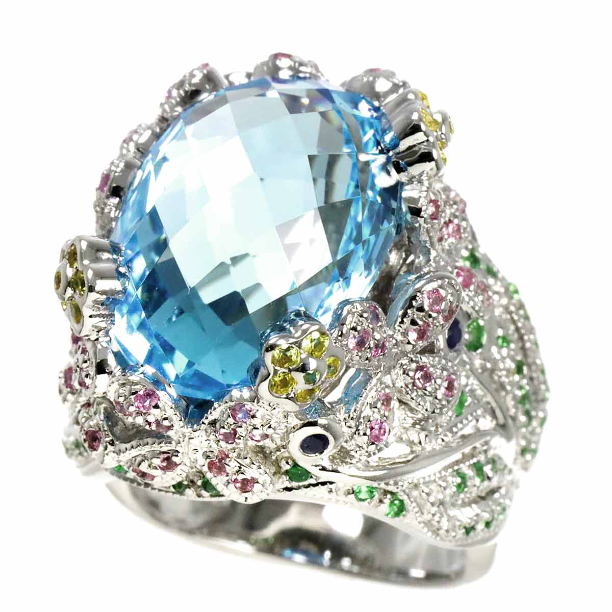 Ring size 12.5 Blue Topaz Multi-Stone K18 WG White Gold 750 Ring 