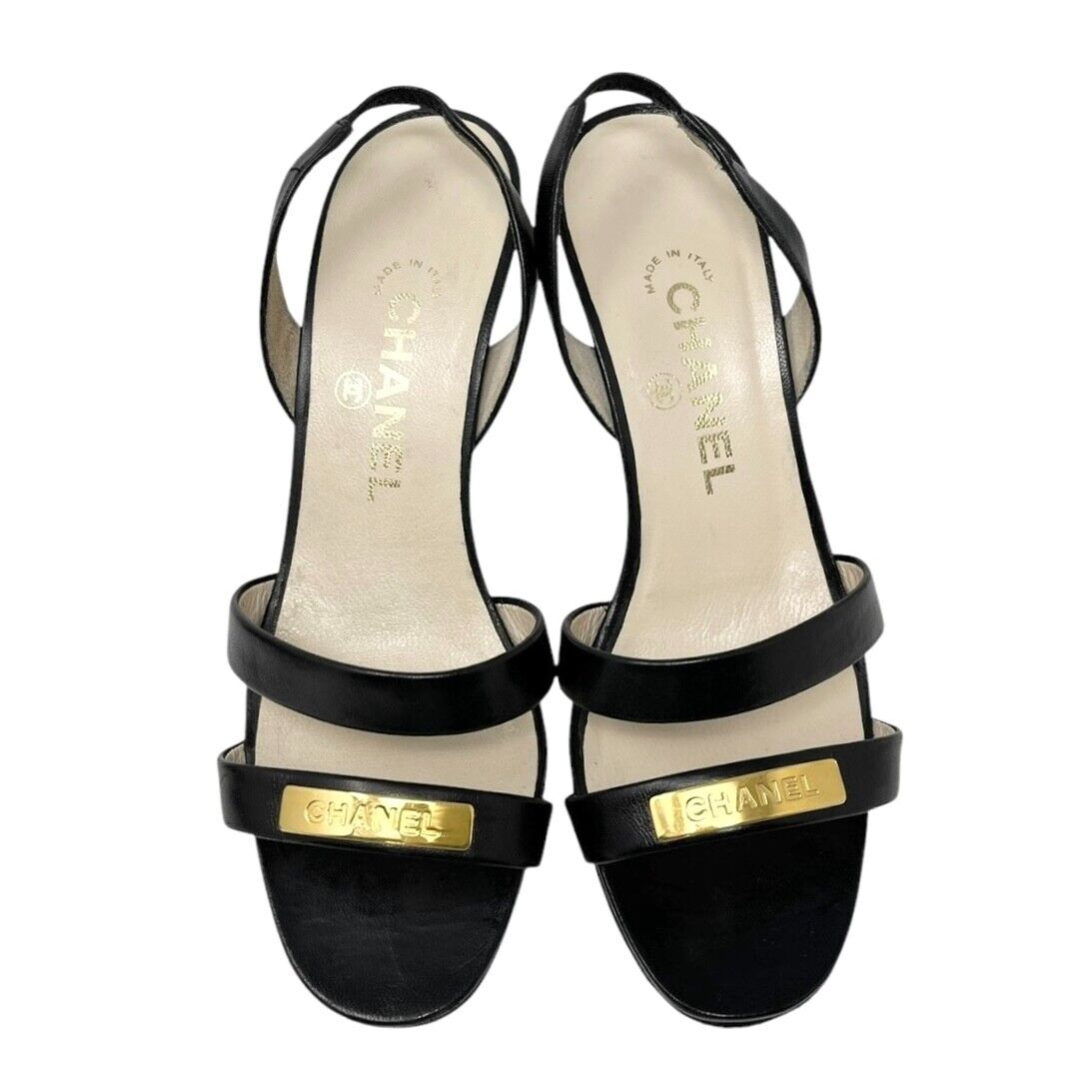 Luxury Promise Japan CHANEL Vintage 98P CC Logo Heels Mules Sandals #36.5-37 Black Gold Leather