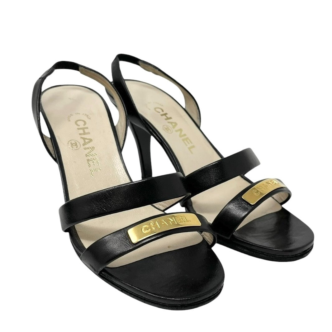 Luxury Promise Japan CHANEL Vintage 98P CC Logo Heels Mules Sandals #36.5-37 Black Gold Leather