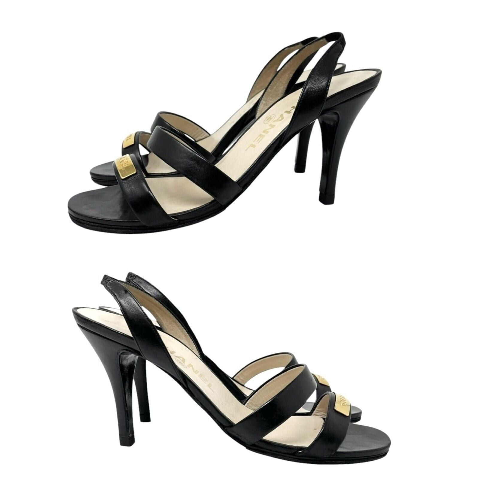 Luxury Promise Japan CHANEL Vintage 98P CC Logo Heels Mules Sandals #36.5-37 Black Gold Leather