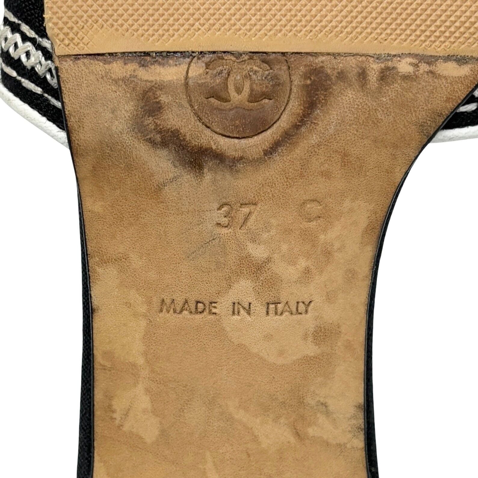 Luxury Promise Japan CHANEL Vintage Jacquard Logo Embroidered Sandals #36.5-37 Black White Linen