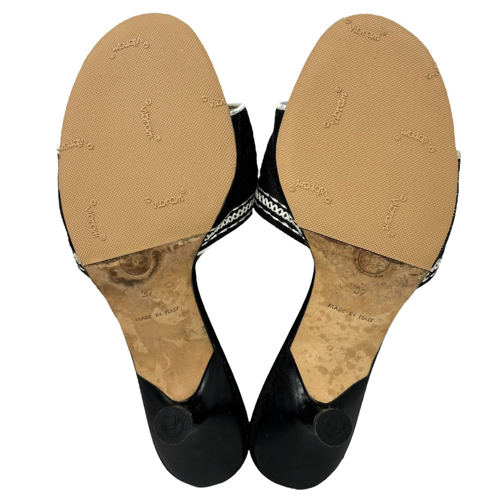 Luxury Promise Japan CHANEL Vintage Jacquard Logo Embroidered Sandals #36.5-37 Black White Linen