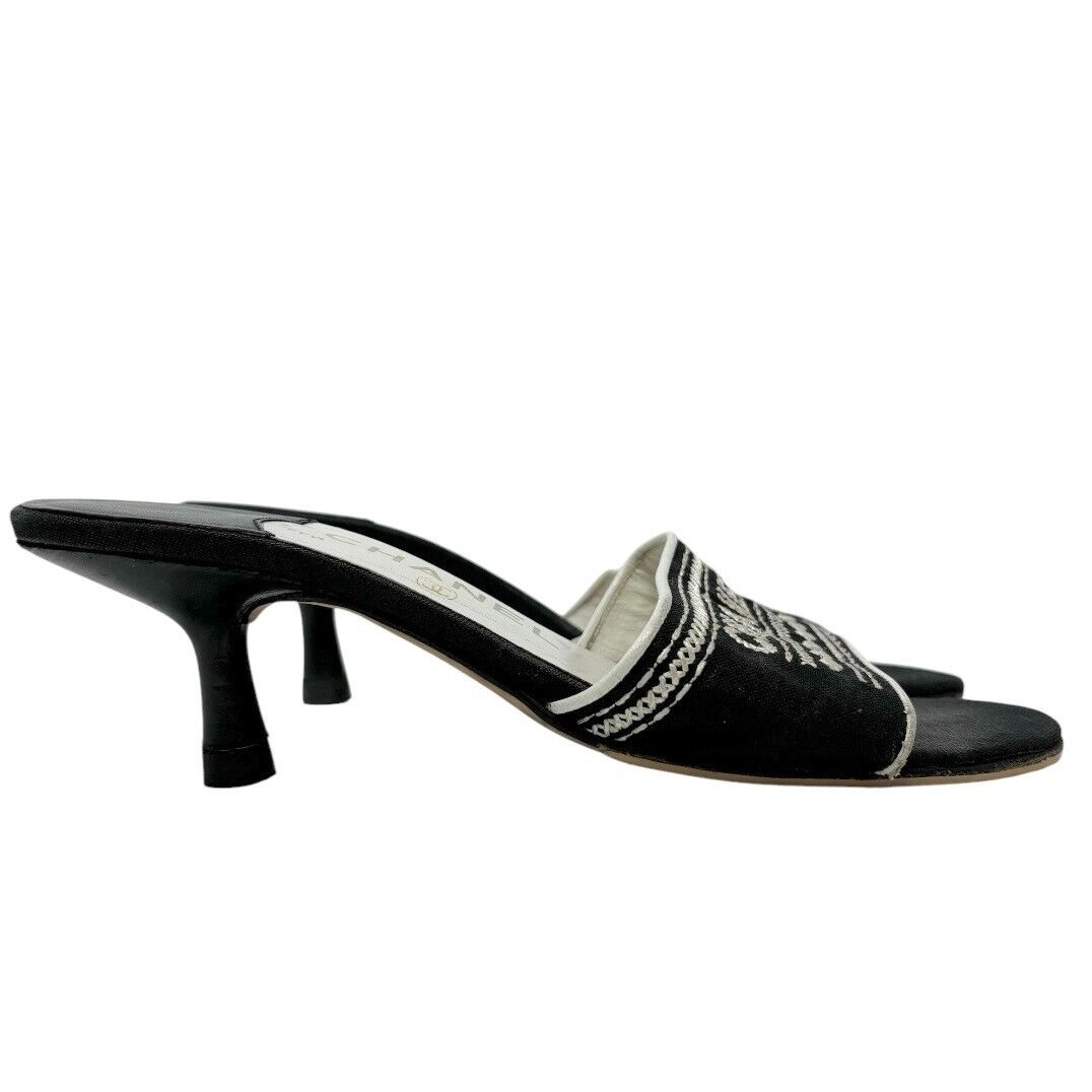 Luxury Promise Japan CHANEL Vintage Jacquard Logo Embroidered Sandals #36.5-37 Black White Linen