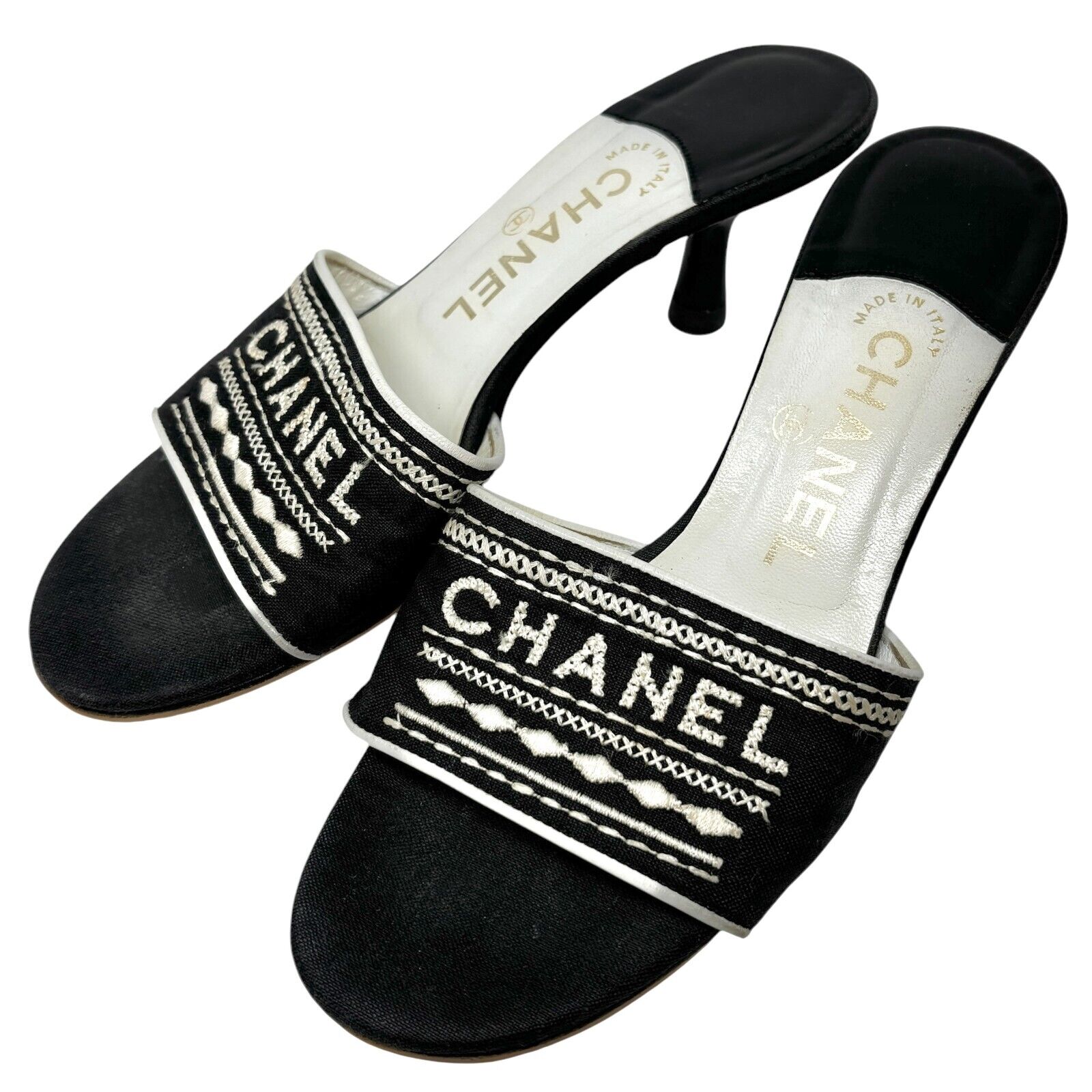 Luxury Promise Japan CHANEL Vintage Jacquard Logo Embroidered Sandals #36.5-37 Black White Linen