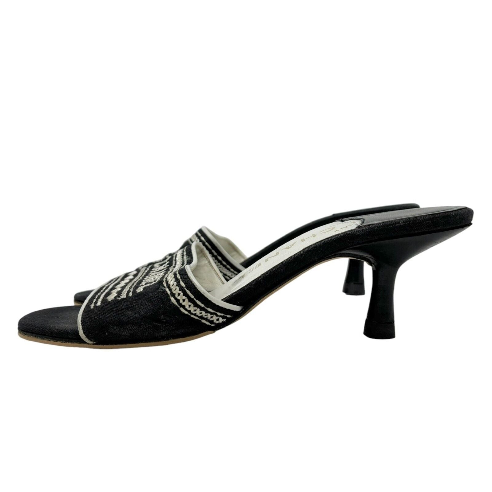 Luxury Promise Japan CHANEL Vintage Jacquard Logo Embroidered Sandals #36.5-37 Black White Linen