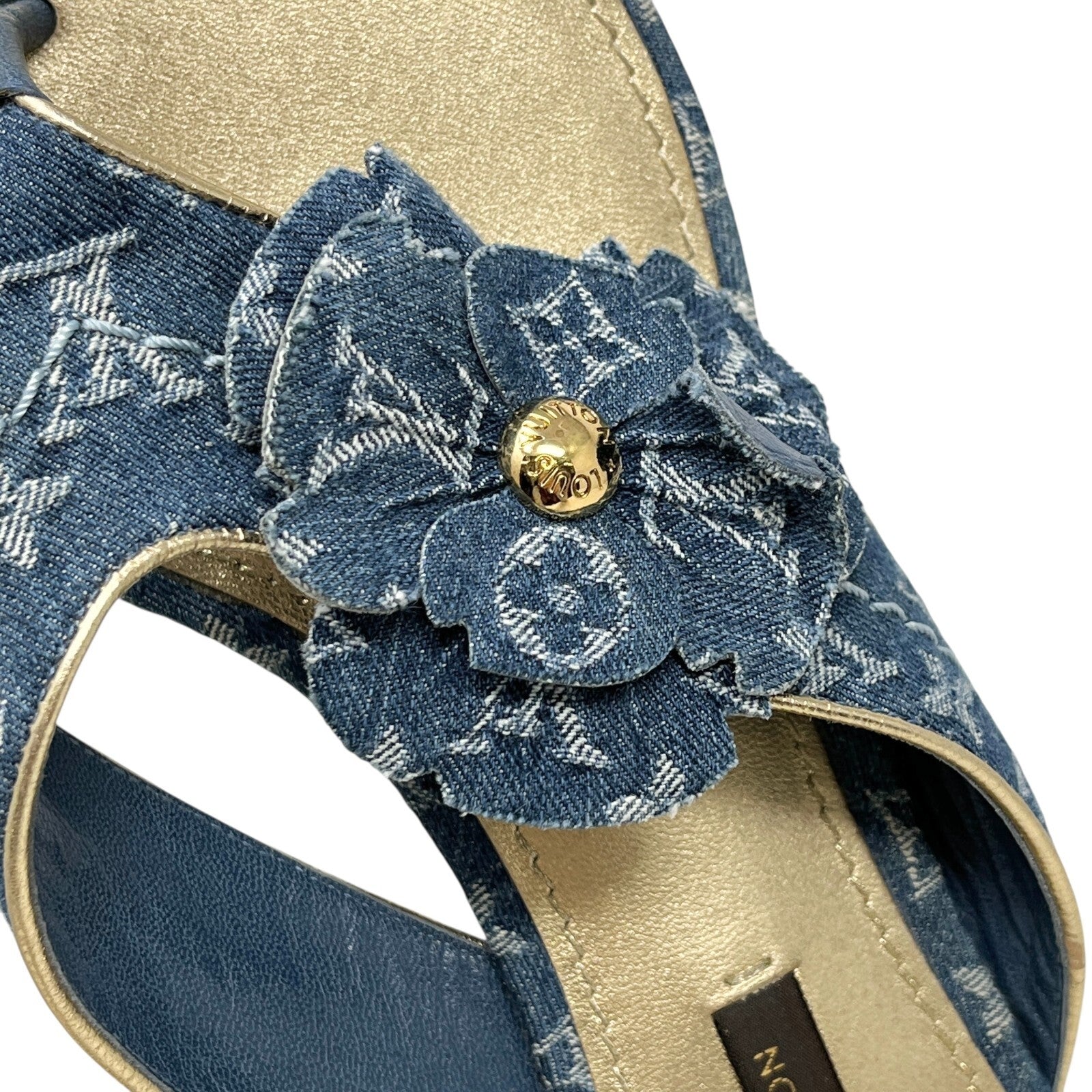Luxury Promise Japan LOUIS VUITTON Vintage LV Monogram Denim Sandals #38 Flower Blue Gold Leather