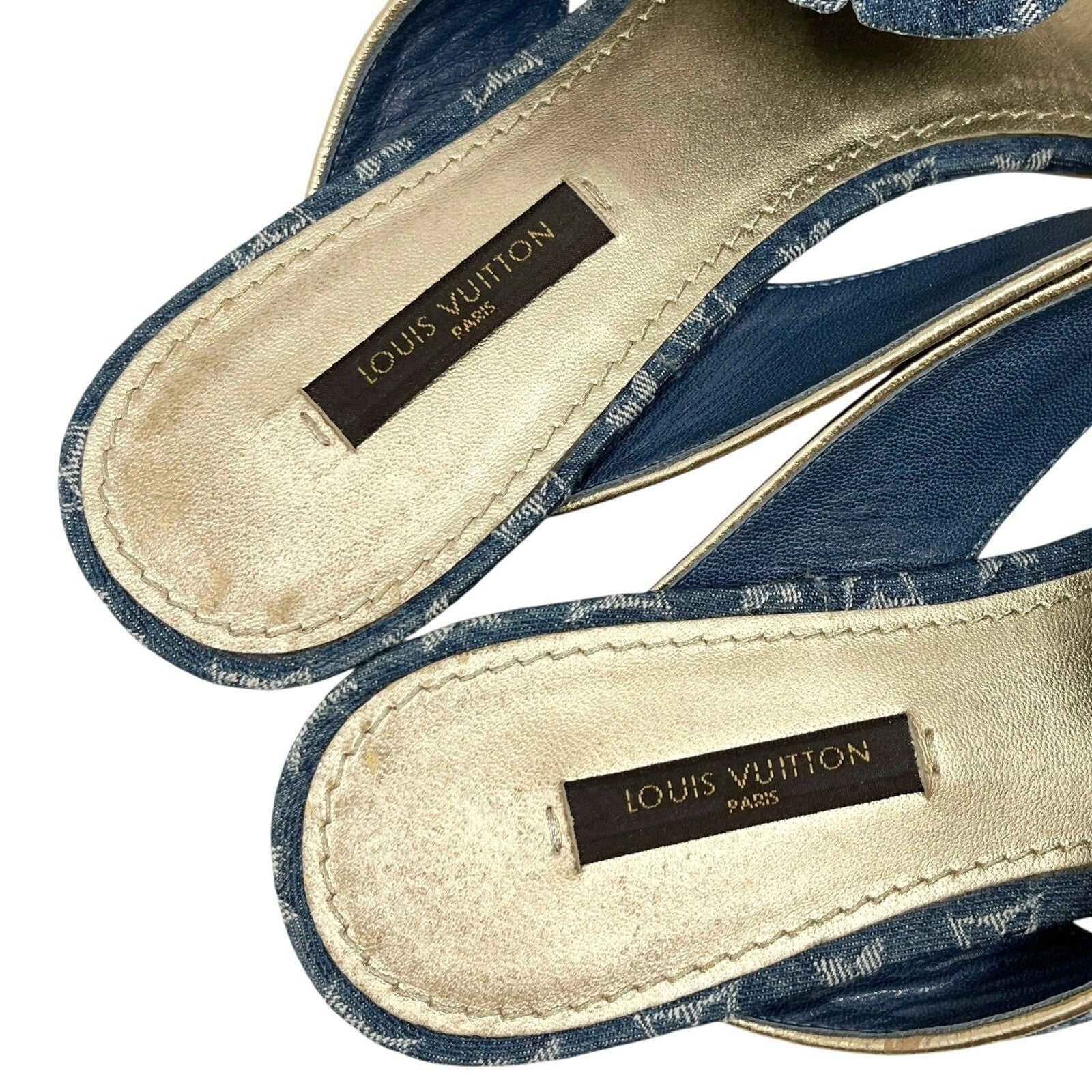 Luxury Promise Japan LOUIS VUITTON Vintage LV Monogram Denim Sandals #38 Flower Blue Gold Leather