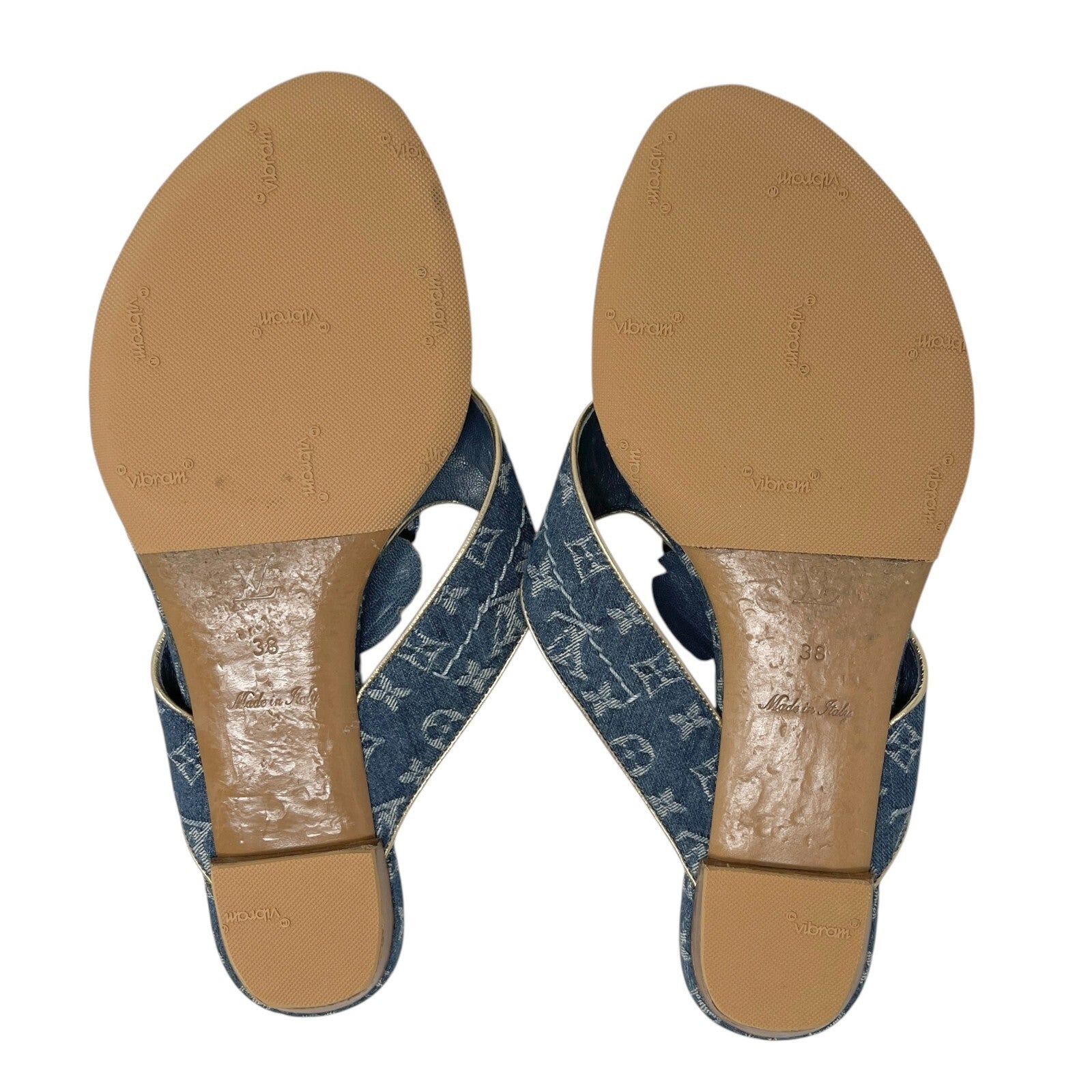 Luxury Promise Japan LOUIS VUITTON Vintage LV Monogram Denim Sandals #38 Flower Blue Gold Leather