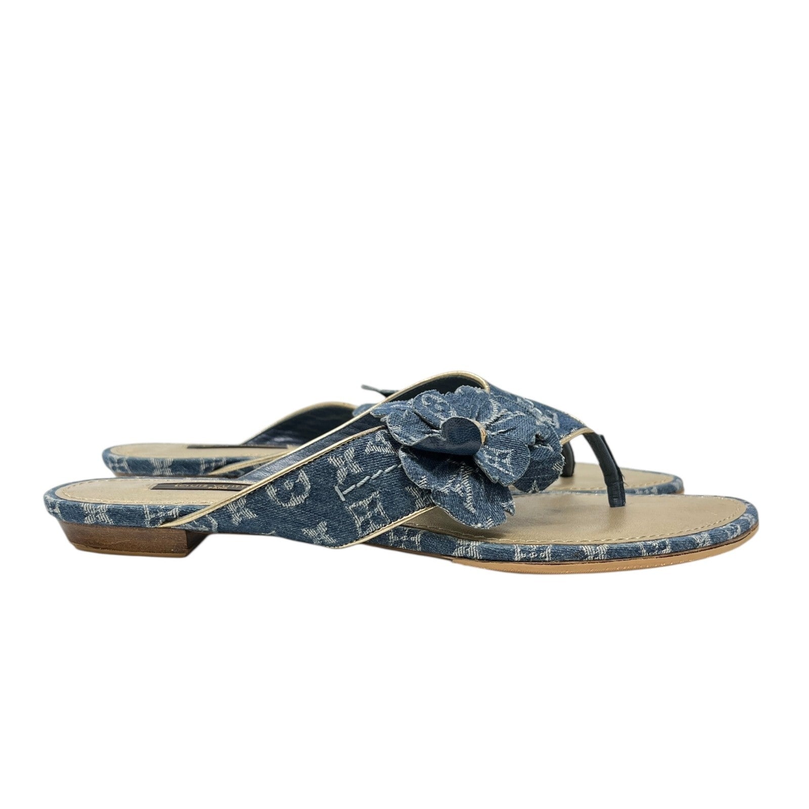 Luxury Promise Japan LOUIS VUITTON Vintage LV Monogram Denim Sandals #38 Flower Blue Gold Leather