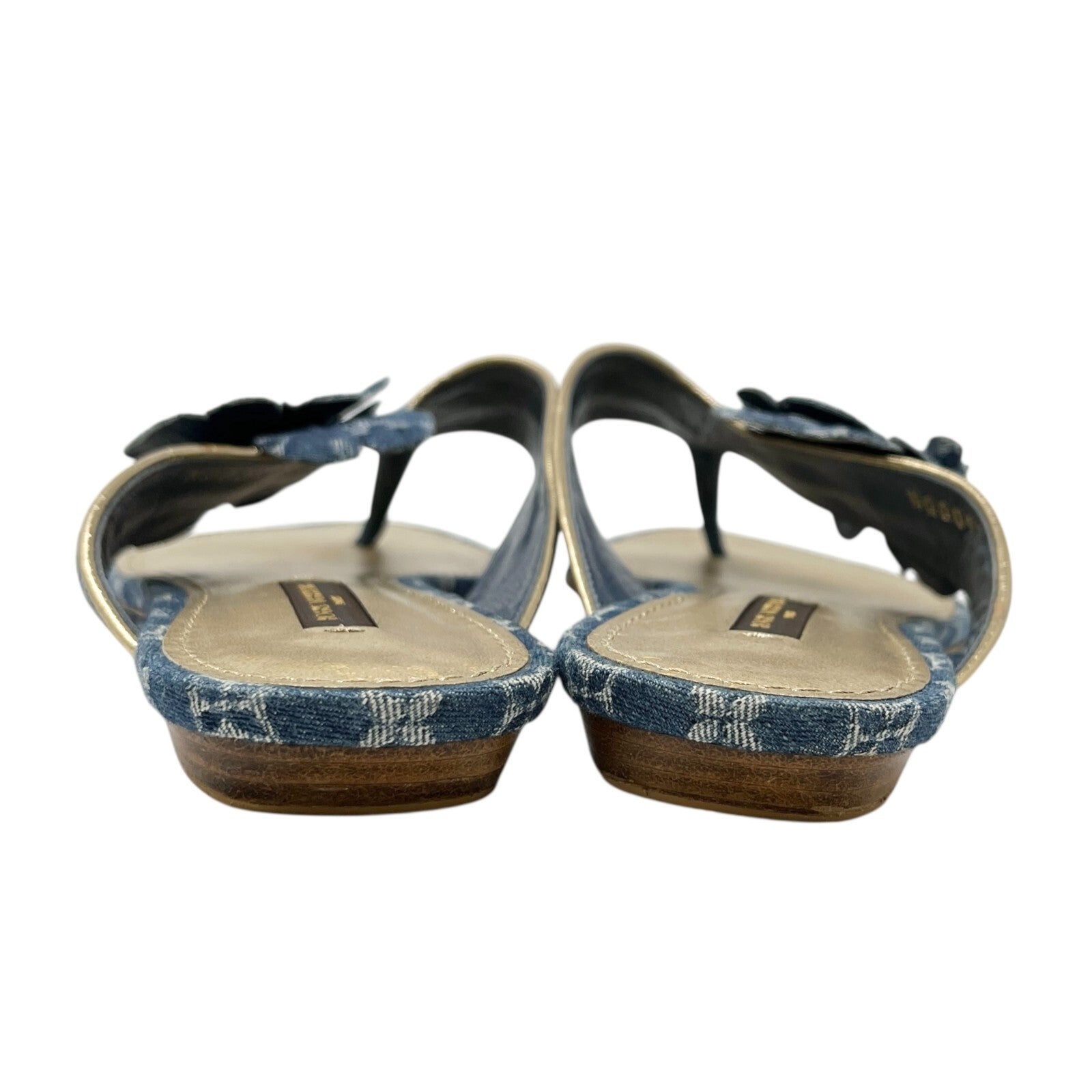 Luxury Promise Japan LOUIS VUITTON Vintage LV Monogram Denim Sandals #38 Flower Blue Gold Leather