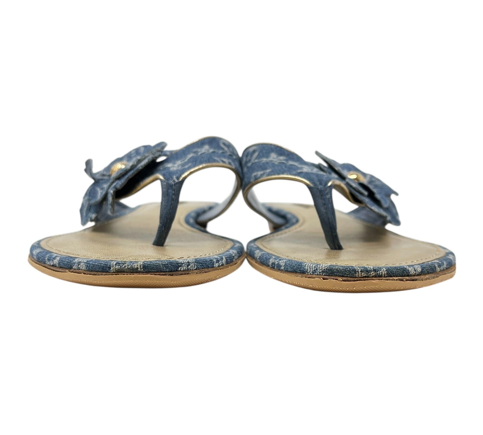 Luxury Promise Japan LOUIS VUITTON Vintage LV Monogram Denim Sandals #38 Flower Blue Gold Leather