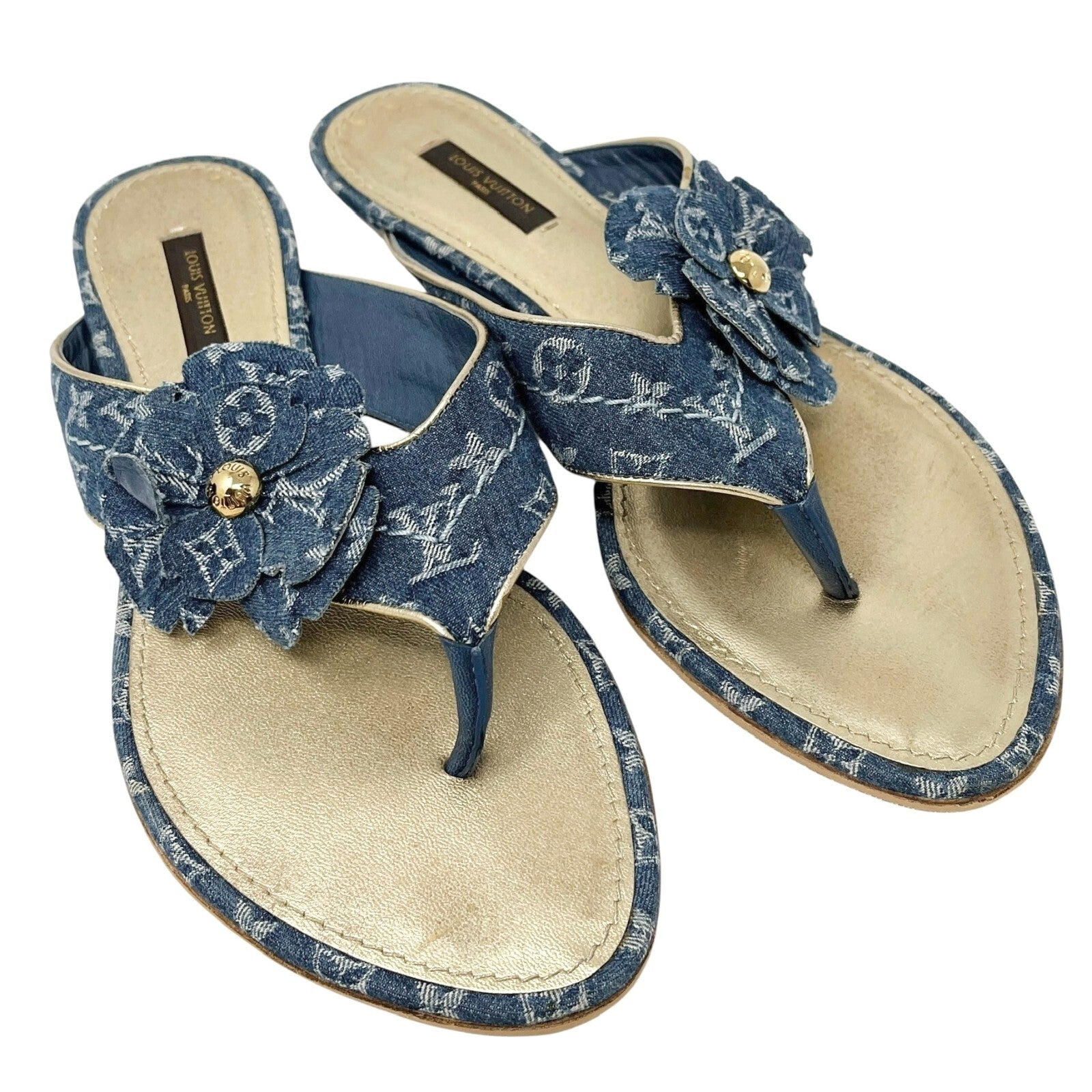 Luxury Promise Japan LOUIS VUITTON Vintage LV Monogram Denim Sandals #38 Flower Blue Gold Leather