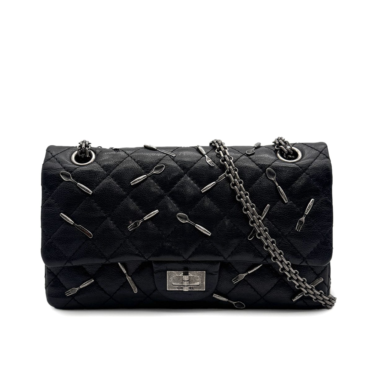Luxury Promise Japan VINTAGE CHANEL 2.55 CHAIN SHOULDER BAG BLACK LEATHER CUTLERY CARM 90316165