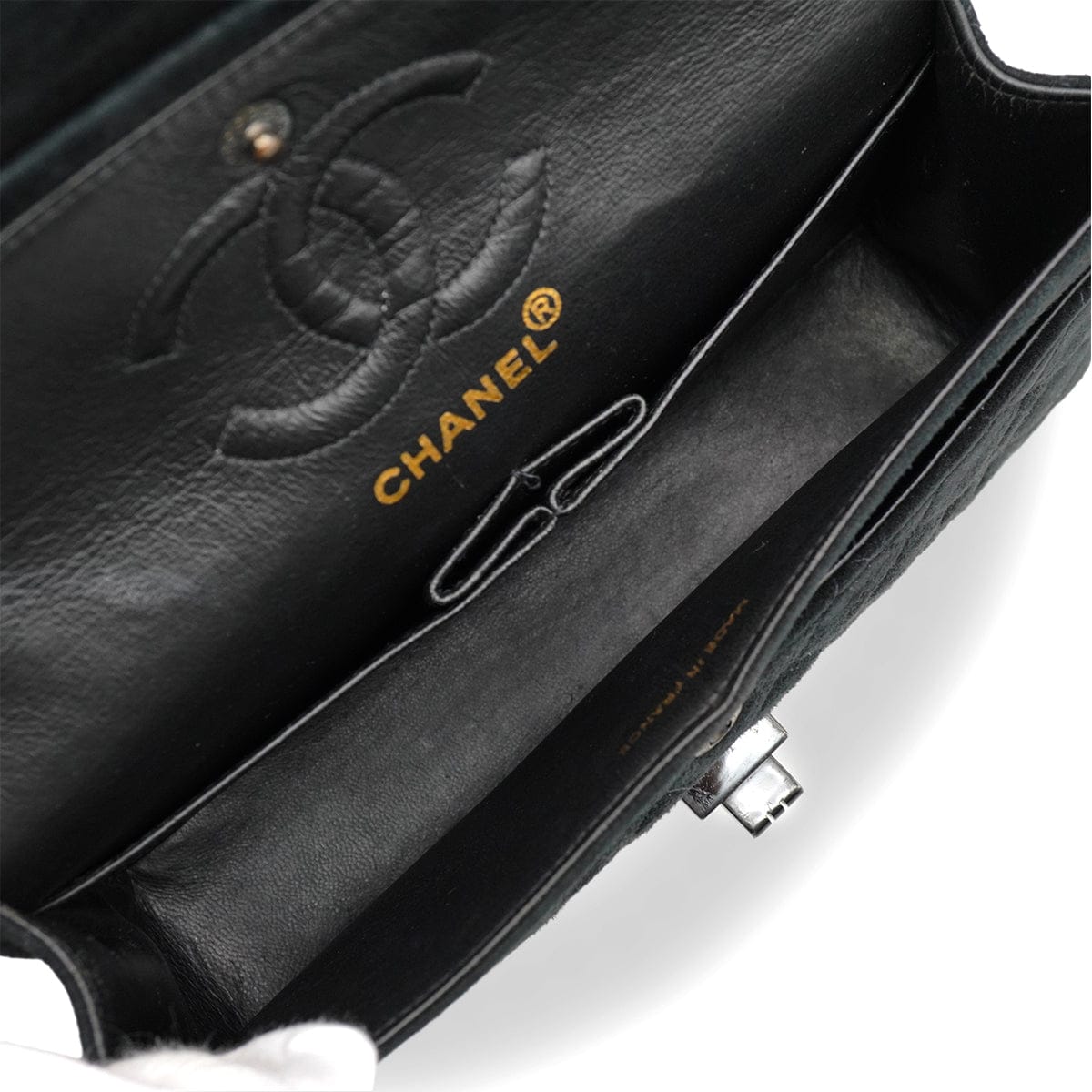 Luxury Promise Japan VINTAGE CHANEL 2.55 MATERASSE CHAIN SHOULDER BAG SO BLACK SUEDE BLACK HARDWARE 90346122